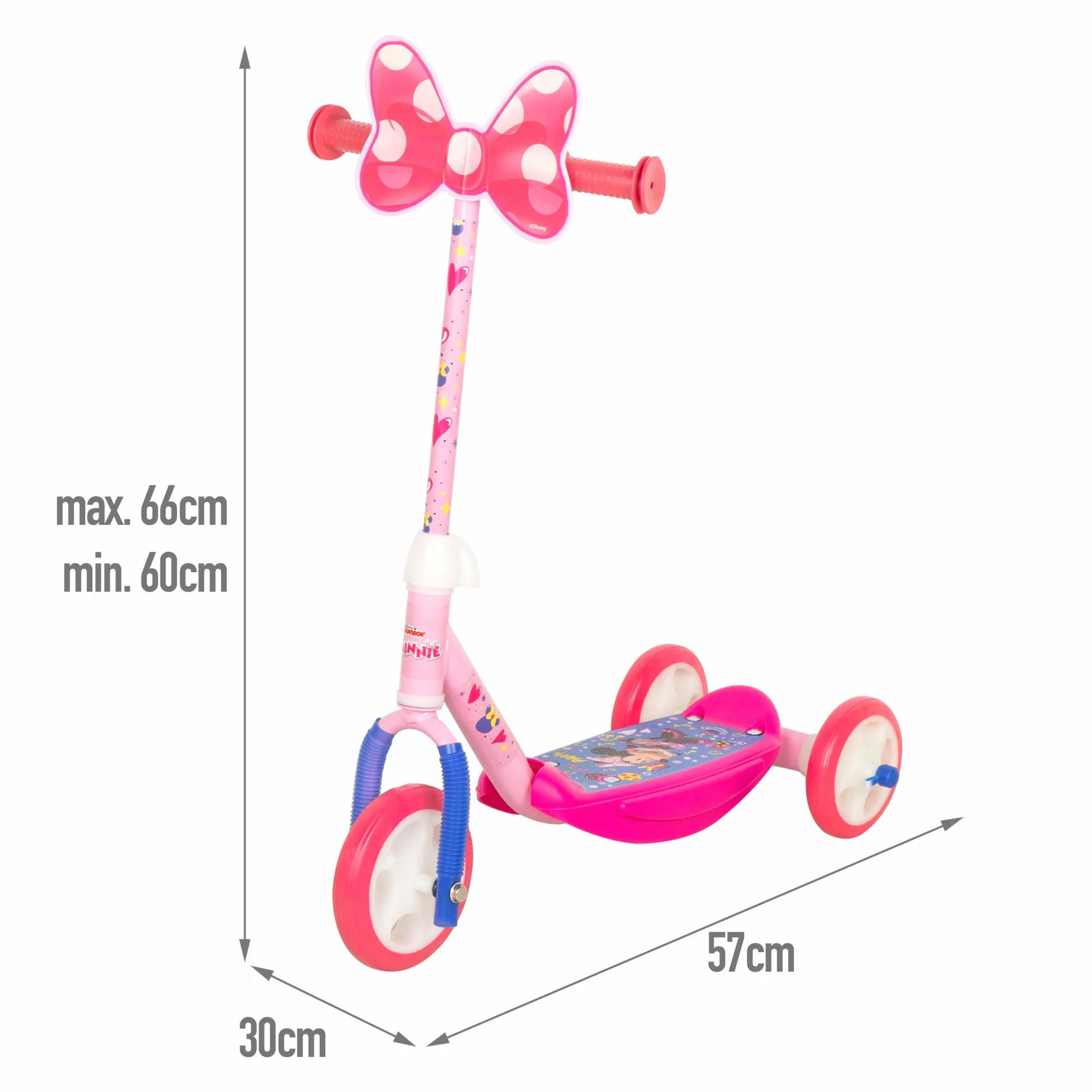 Disney Minnie Patinete 3 Ruedas +20 kg +2 años, 57x30x60-66 cm, Escudo Delantero, Juegos para niños, Motricidad, Diseño Colorido Minnie Mouse, Patinete Infantil, Fácil de Montar (77742)