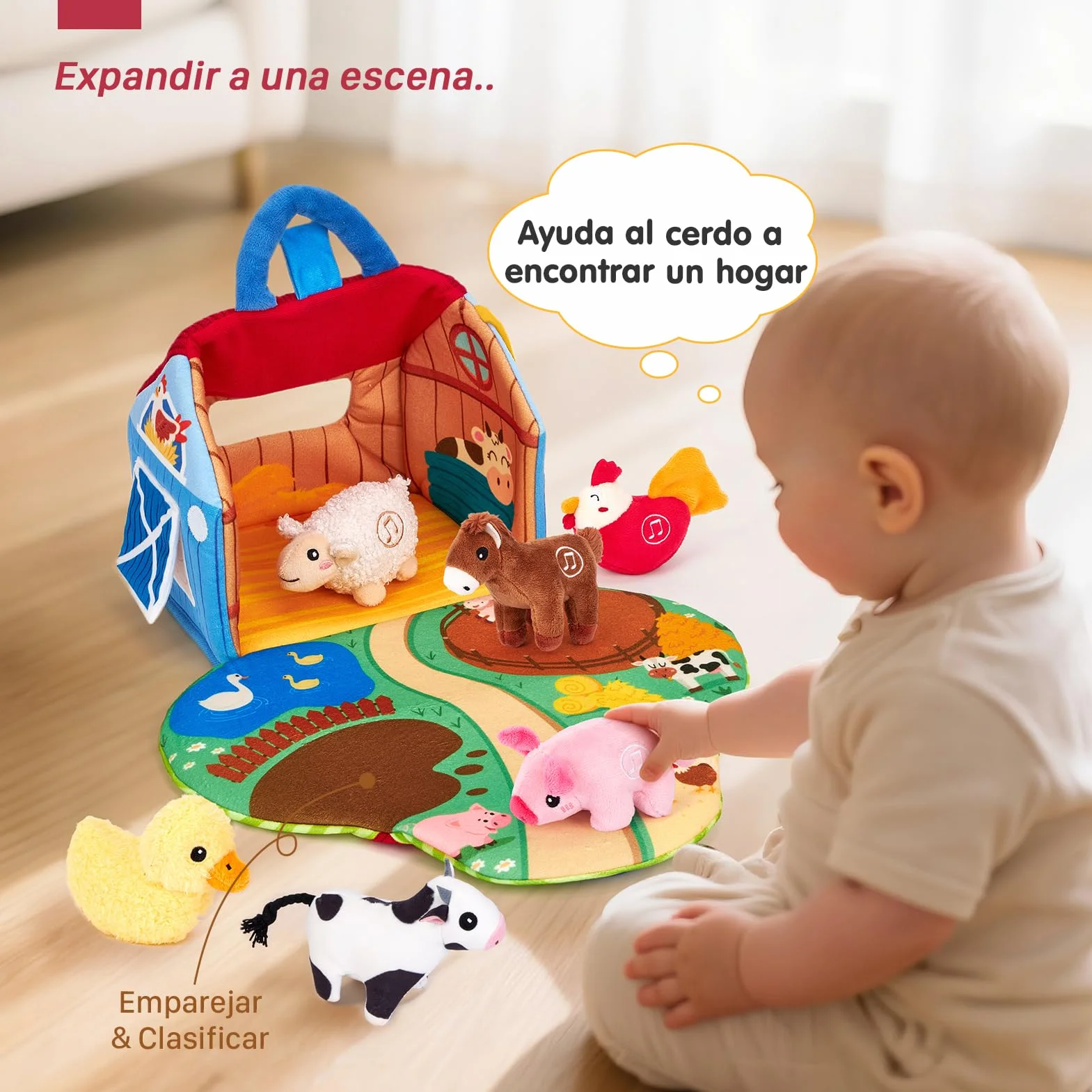 hahaland Juguetes Bebes 6-12 Meses - Granja de Peluche con 6 Animales Interactivo, Granero Plegable Blando - Montessori Juguetes Niños 1 año Regalo Bebe 6 12 18 Meses