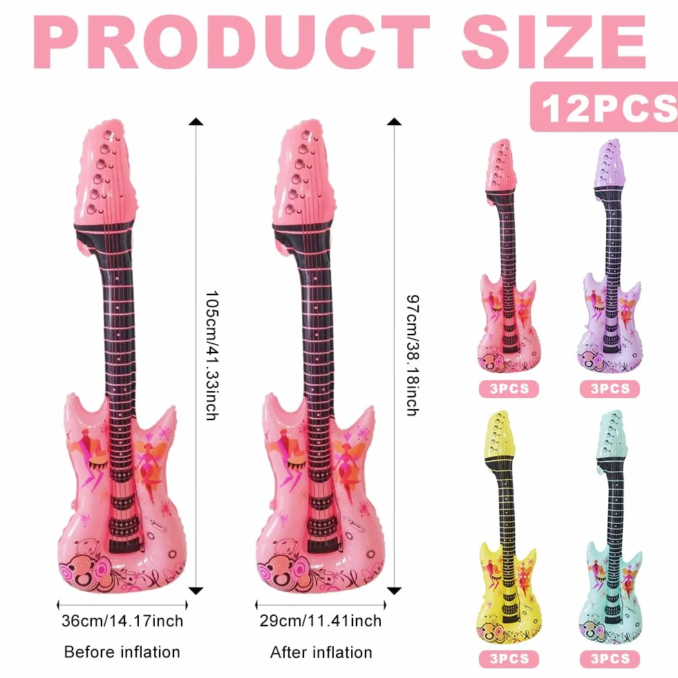 Embhlitfe 12 piezas de guitarra inflable, instrumento musical inflable, guitarra de rock Rockstar juguete, accesorios inflables para fiestas para niños y adultos, decoración de fiesta (105 x 36 cm)
