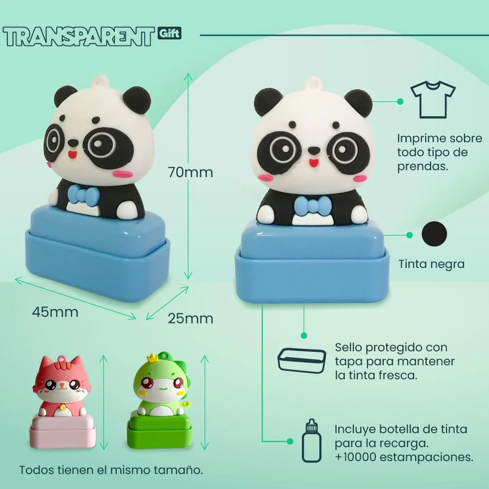 Transparent Gift Sello Personalizado para Ropa Infantil con Nombre Muñecos Animales. Sellos Personalizados Ropa Niños. Sello para Marcar. Tinta Negra Resistente al Agua. Regalos de Vuelta al Cole