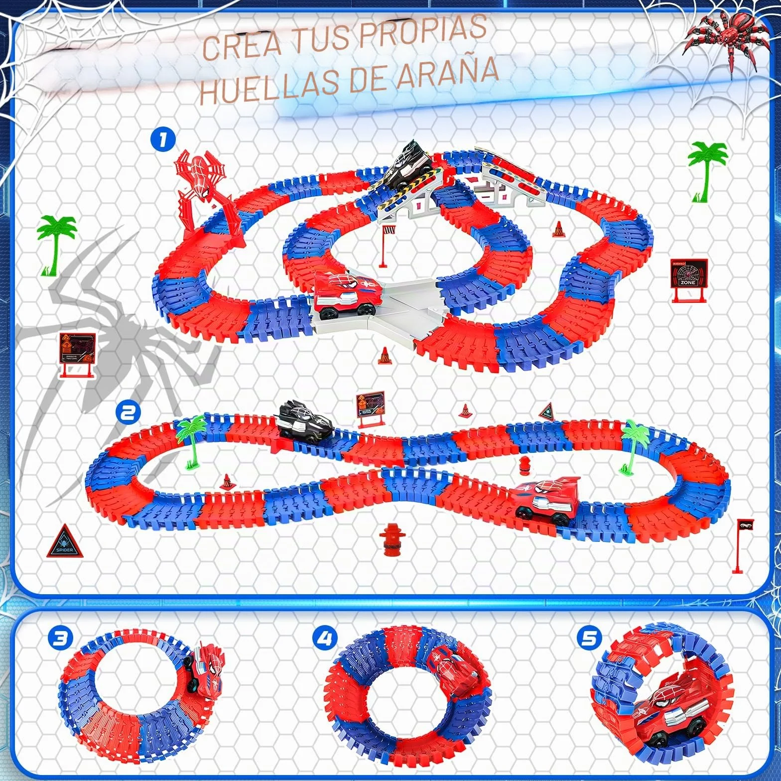 Kssvzz Spider Circuito Coches Niños 2 3 4 5 6 Años, Flexible Pista de Carros Juguete, Regalo Cumpleaños Navidad Niño Niña 2-8 Años(212 Piezas)