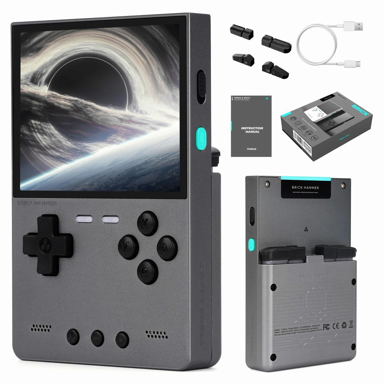 Trimui Brick Hammer Consola de juegos portátil con visualización IPS de 3.2 pulgadas y batería de 3000 mAh, consola de videojuegos retro con tarjeta TF de 64 GB preinstalada y función WiFi (gris