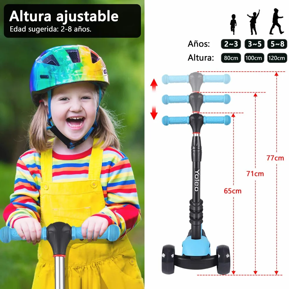 YOLEO Patinete para Niños 3-en-1, Scooter 3 Ruedas LED Parpadeantes, Scooter para Niños con Manillar Ajustable Asiento Extraíble de 2 a 8 años, Carga Máxima de 50 kg (Azul)