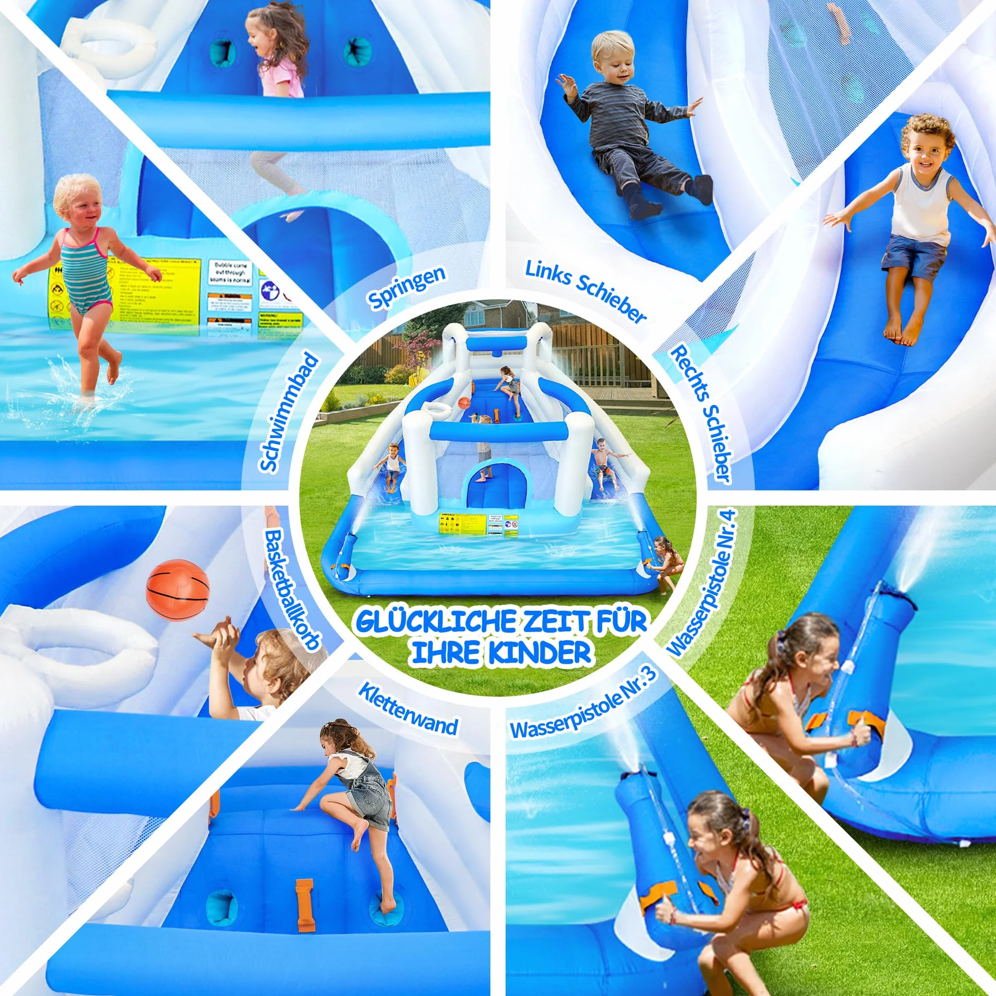Castillo hinchable con tobogán acuático, trampolín, canasta de baloncesto y 2 pistolas de agua, castillo hinchable para niños, adecuado para jardín y fiesta