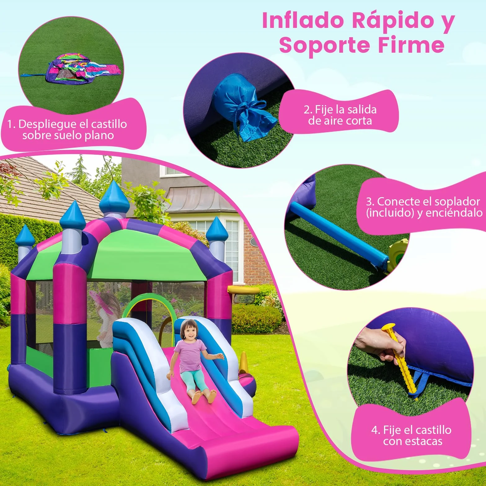 COSTWAY 5 en 1 Castillo Hinchable para Niños, Castillo Hinchable Grande con Tobogán, Piscina de Bolas, Techo Sombreado, para Niños 3-10 Años, Insuflavel Criança Interior Exterior, 385 x 332,5 x 300 cm