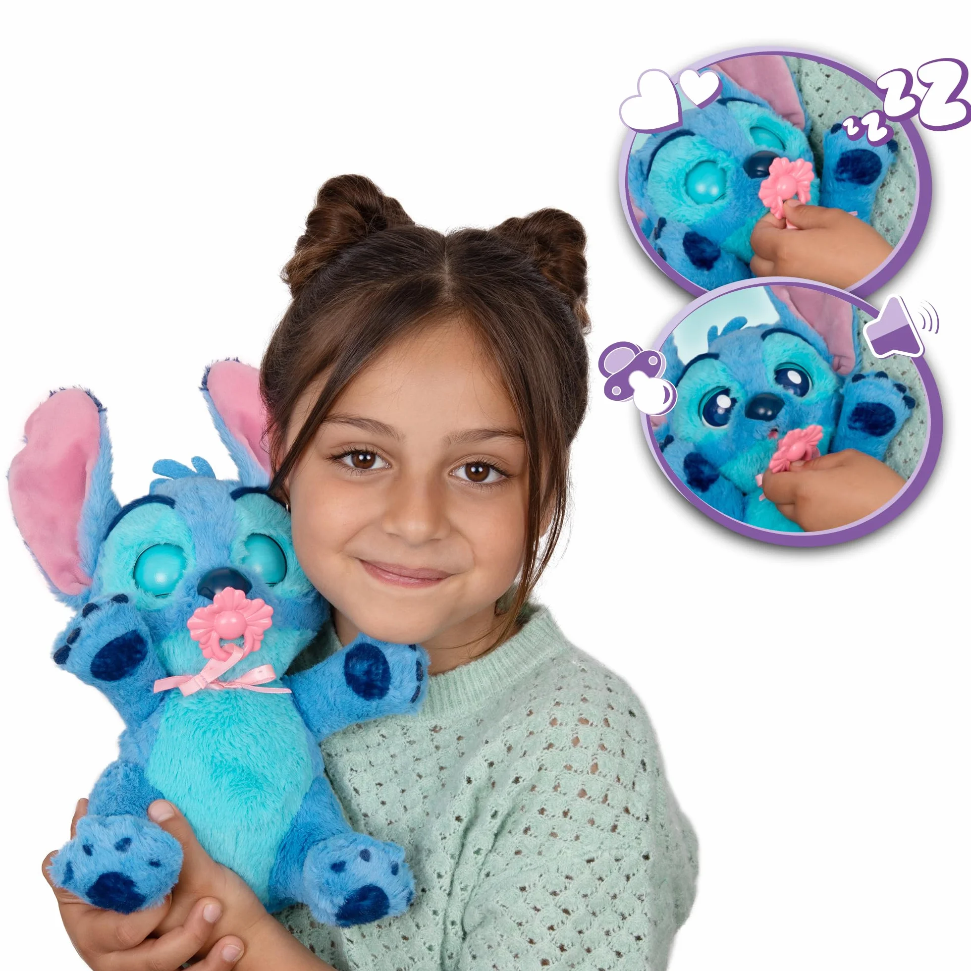 Baby Paws Stitch, Peluche Interactivo, con Sonidos Que Abre y Cierra los Ojos e Incluye una Bolsa para Llevarlo Contigo, Juguete Regalo para Niños y Niñas de 3 Años o Más
