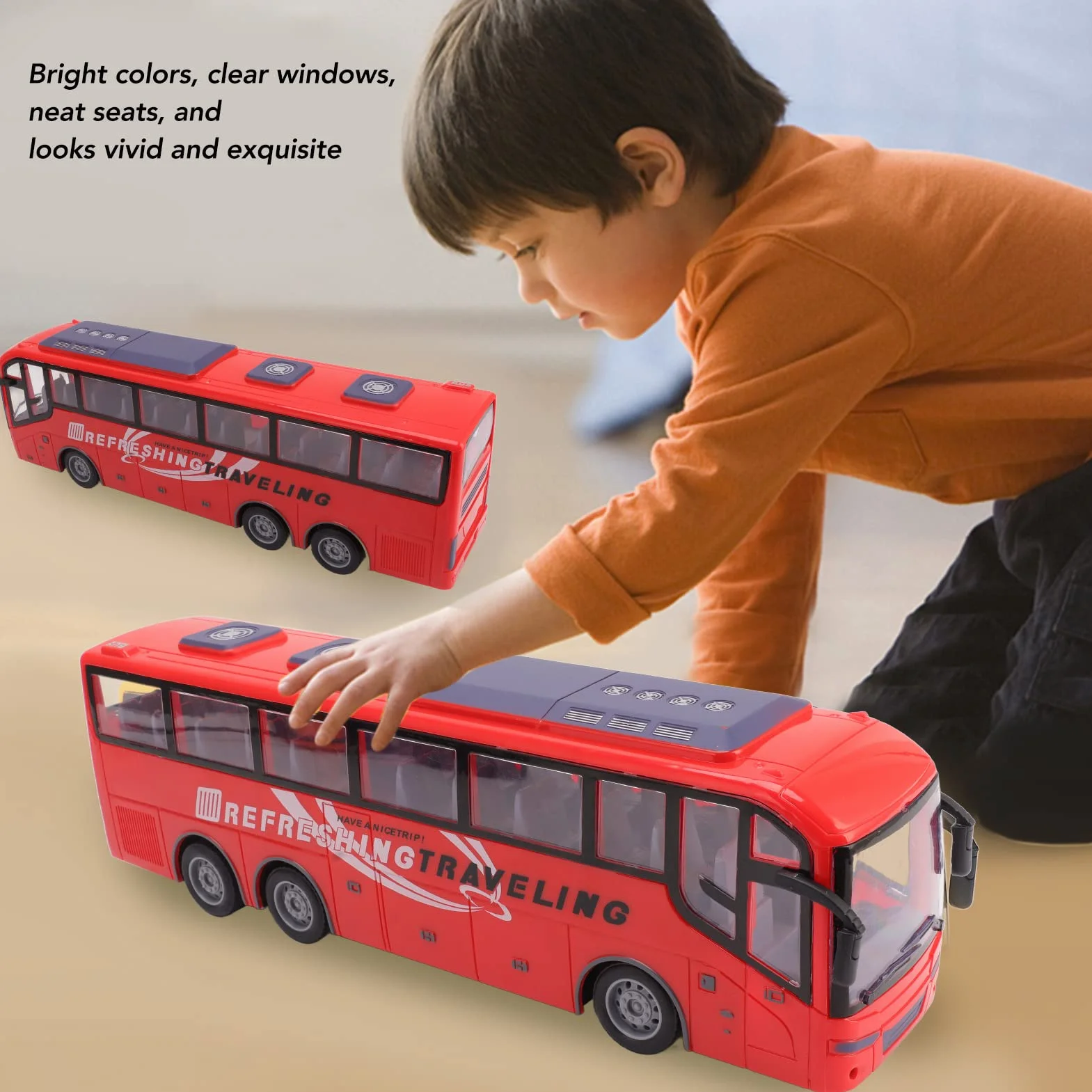 Modelo de Bus de Control Remoto a Escala 1: 20 con Luces Brillantes y Controlador Remoto, vehículo electrónico Recargable de Juguetes de autobuses RC inalámbricos para niños y (Viaje Rojo)