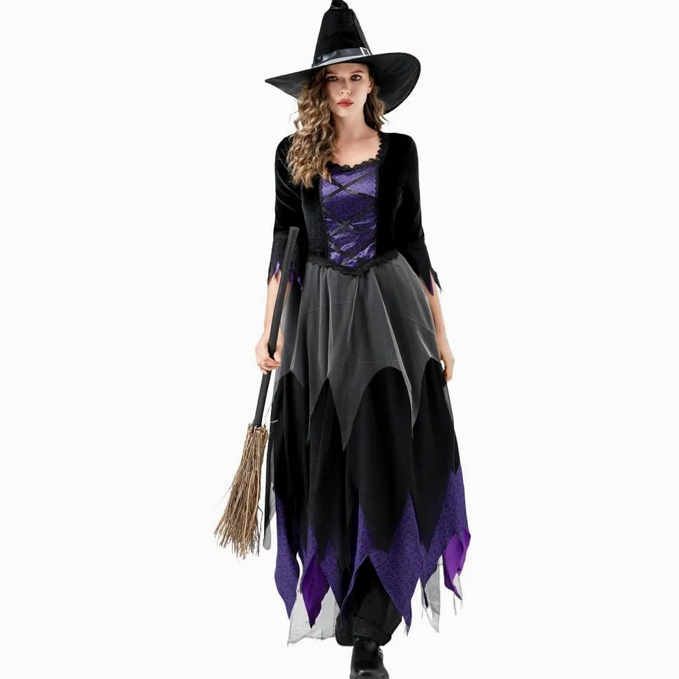 Generisch Disfraz de bruja para mujer, elegante vestido de cosplay gótico, vestido de Halloween con encaje de manga larga