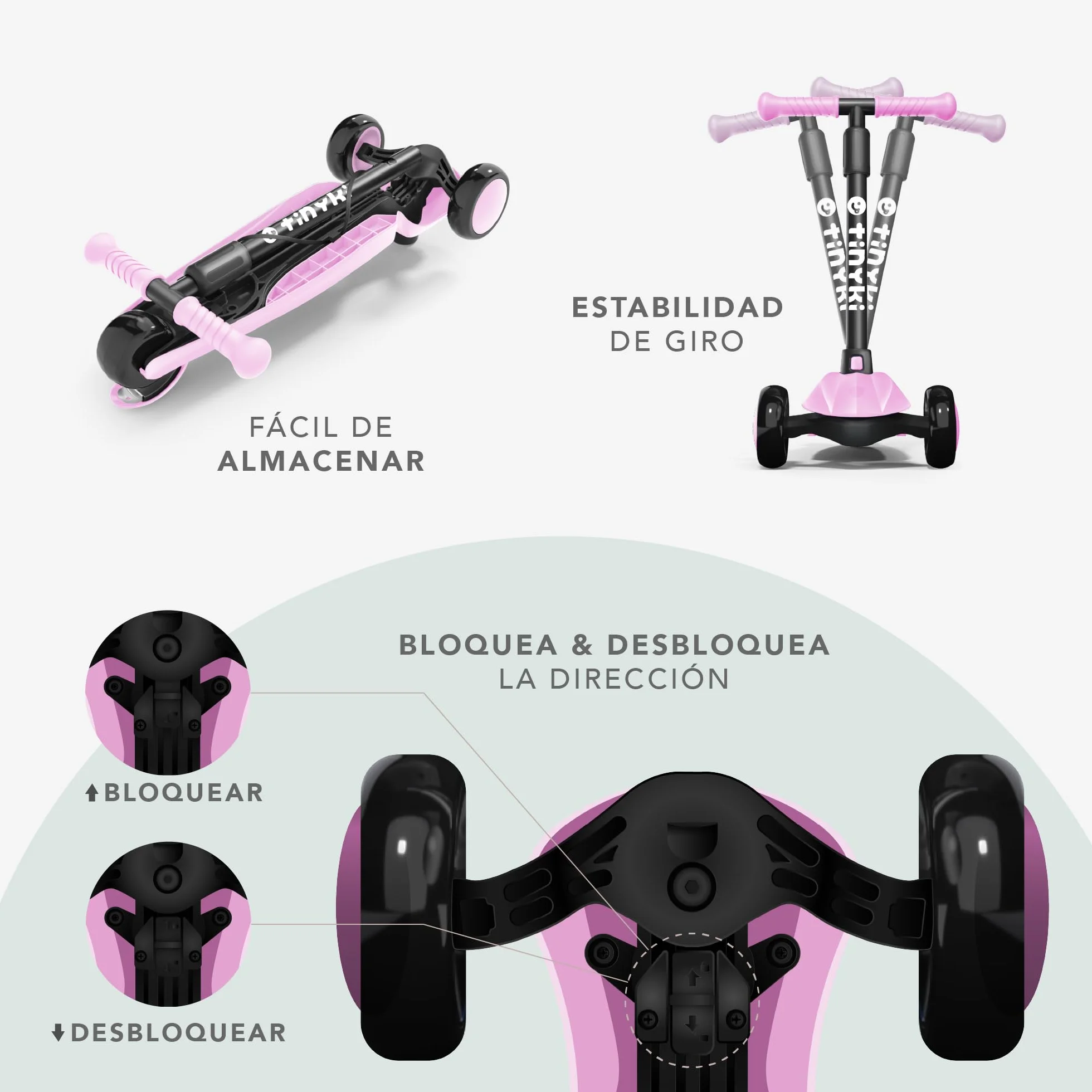 TINYKI Patinete Niño 2 Años a 6 - Altura Ajustable con Ruedas Luces LED - Scooter Niño 3 Ruedas - Patineta Infantil para Niños y Niñas Jugar