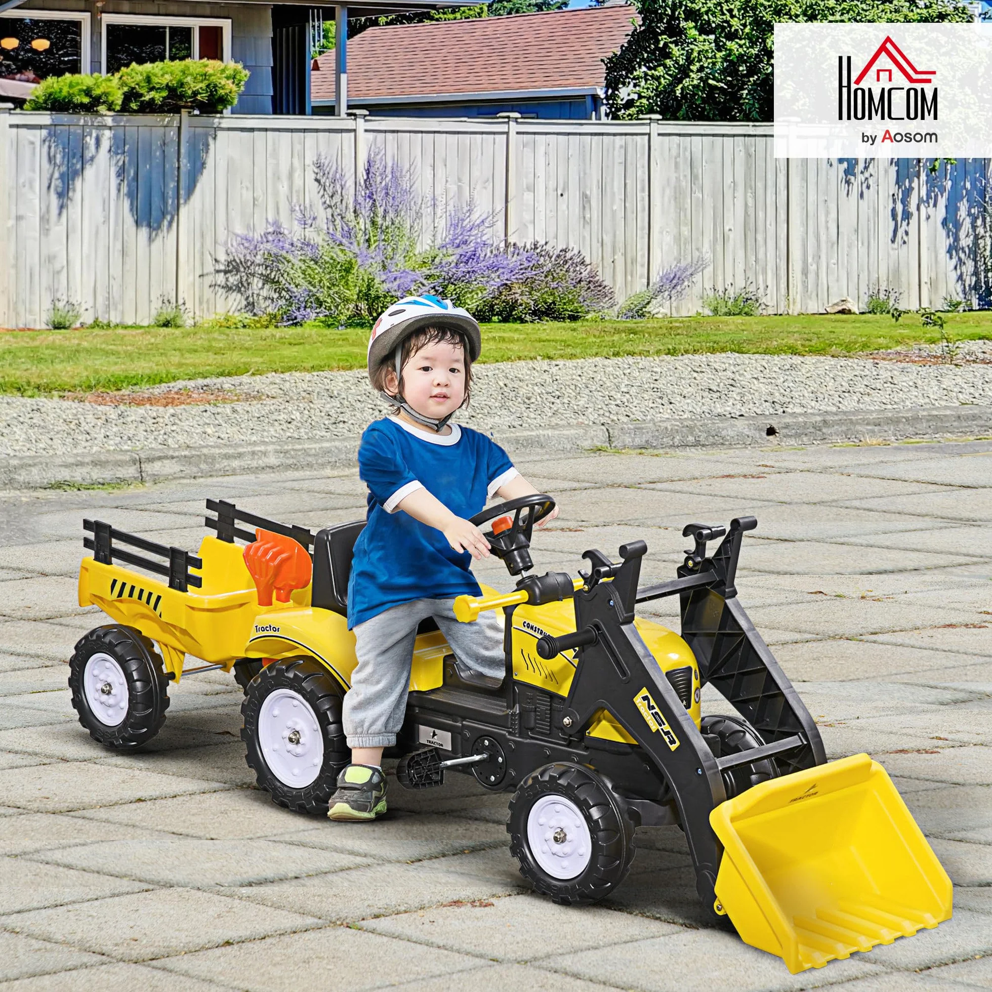 HOMCOM Tractor a Pedales para Niños de 3 Años Excavadora Infantil Juguete de Montar con Remolque Extraíble y Pala Delantera Carga 35 kg 167x41x52 cm Amarillo