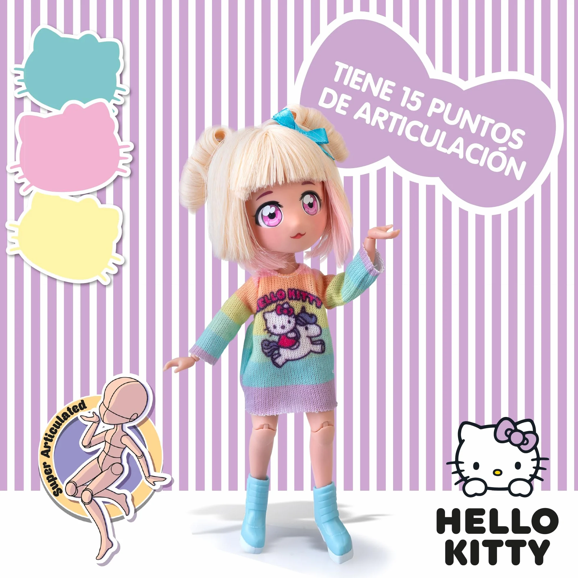 4SF - Hello Kitty Manga Fashion Unicorns, Muñeca Fashion Japonesa, Figura de 19,5 cm con 15 Puntos de Articulación, Incluye Falda Ra-Ra, Calentadores y Diadema con Orejas, Famosa (HKTF2000)