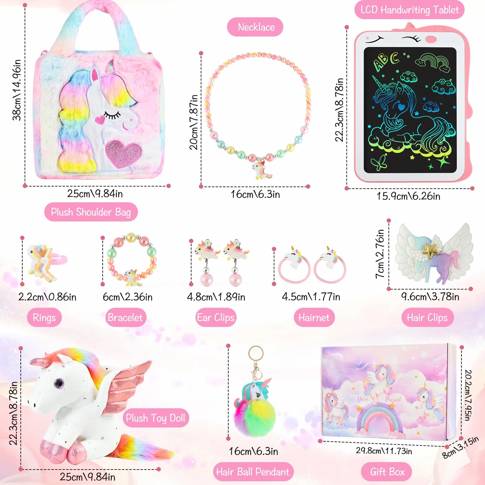 Euakee Unicornio Juguete Regalos Cumpleaños para Niñas 4-10 Años, Set de Joyas, Bolsa de Peluche, Colgante (Colorido)