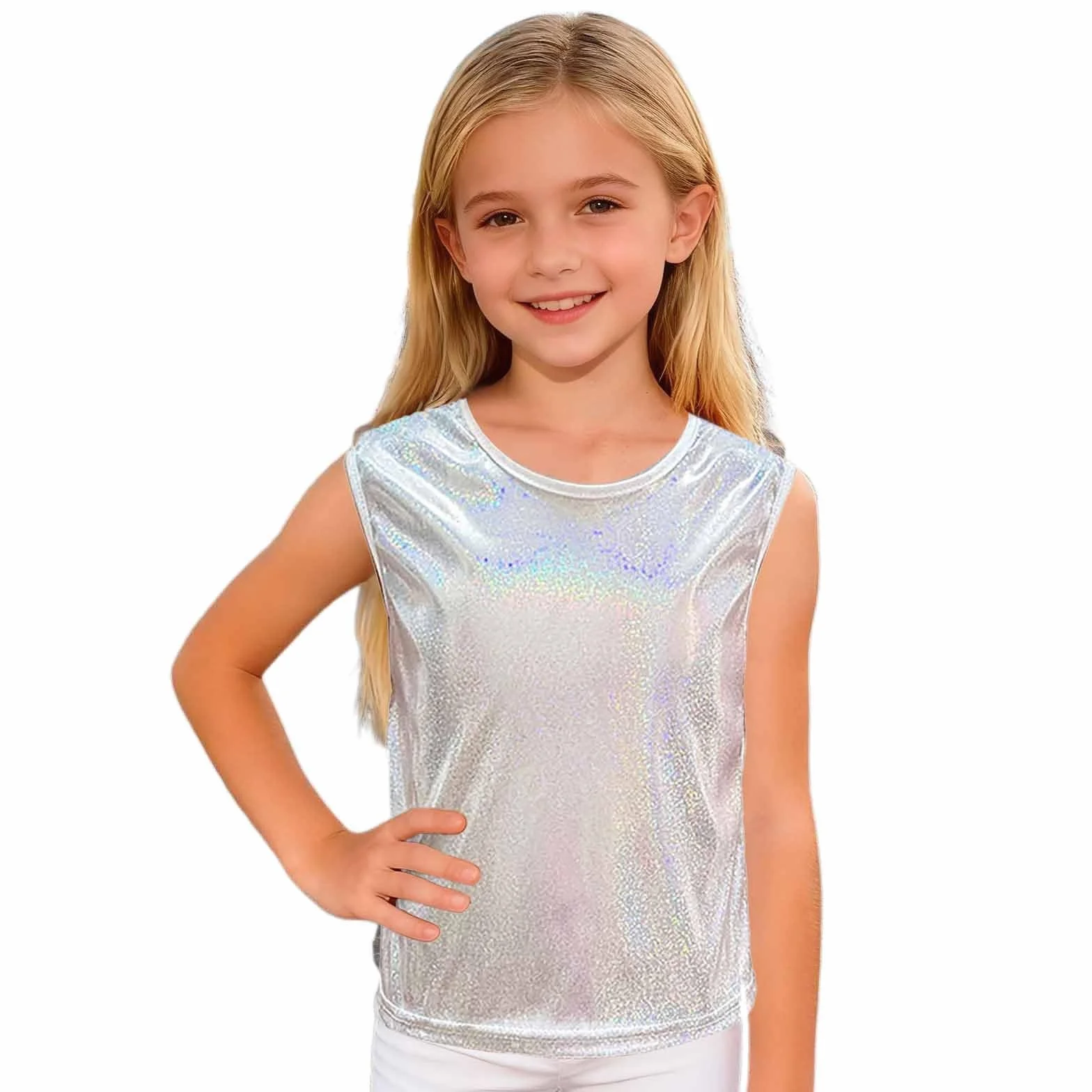 Camiseta de Baile Brillante para Niñas Sin Mangas Un Solo Hombro Chaleco Metálico Animadoras Top Color Puro Jazz Hip-Hop Cha-cha