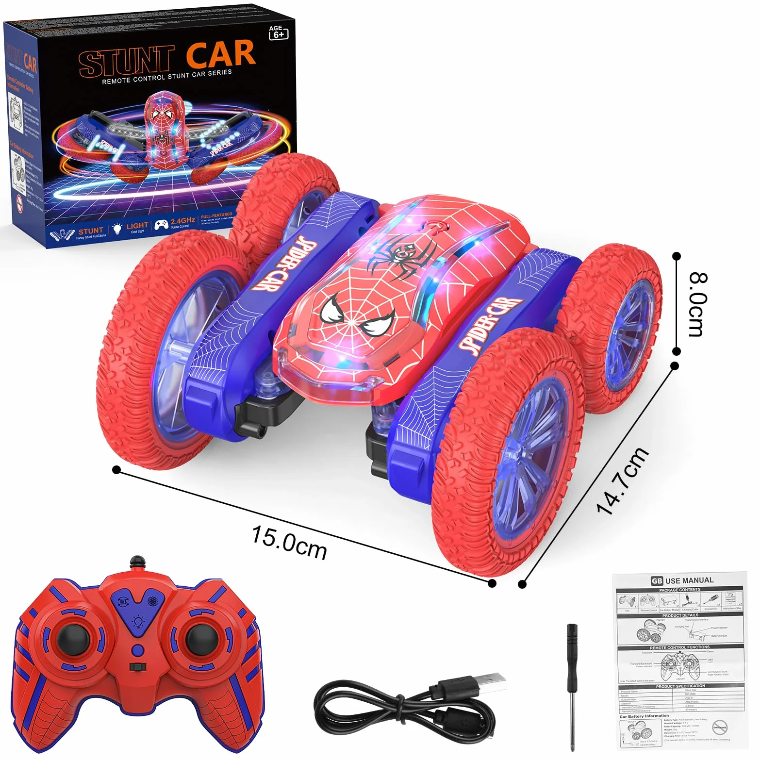 Coche Teledirigido Niños 4 5 6 7 8 9 10 Años, Spider Juguete Monster Truck RC Carro Radiocontrol Acrobático con Espectáculo de Luz, Remote Car Regalo Niña Cumpleaños Navidad Juego Infantiles Exterior
