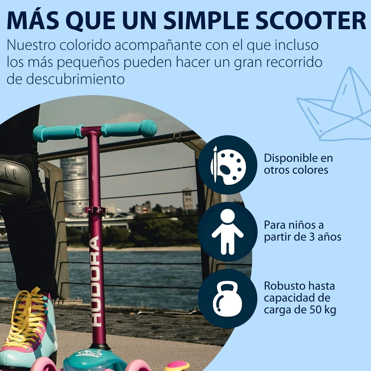 HUDORA Scooter Flitzkids 2.0 I Patinete para niños resistente con amplia plataforma I Scooter de tres ruedas mini ajustable en altura y portátil para hasta 50 kg I Patinete de aluminio para niños