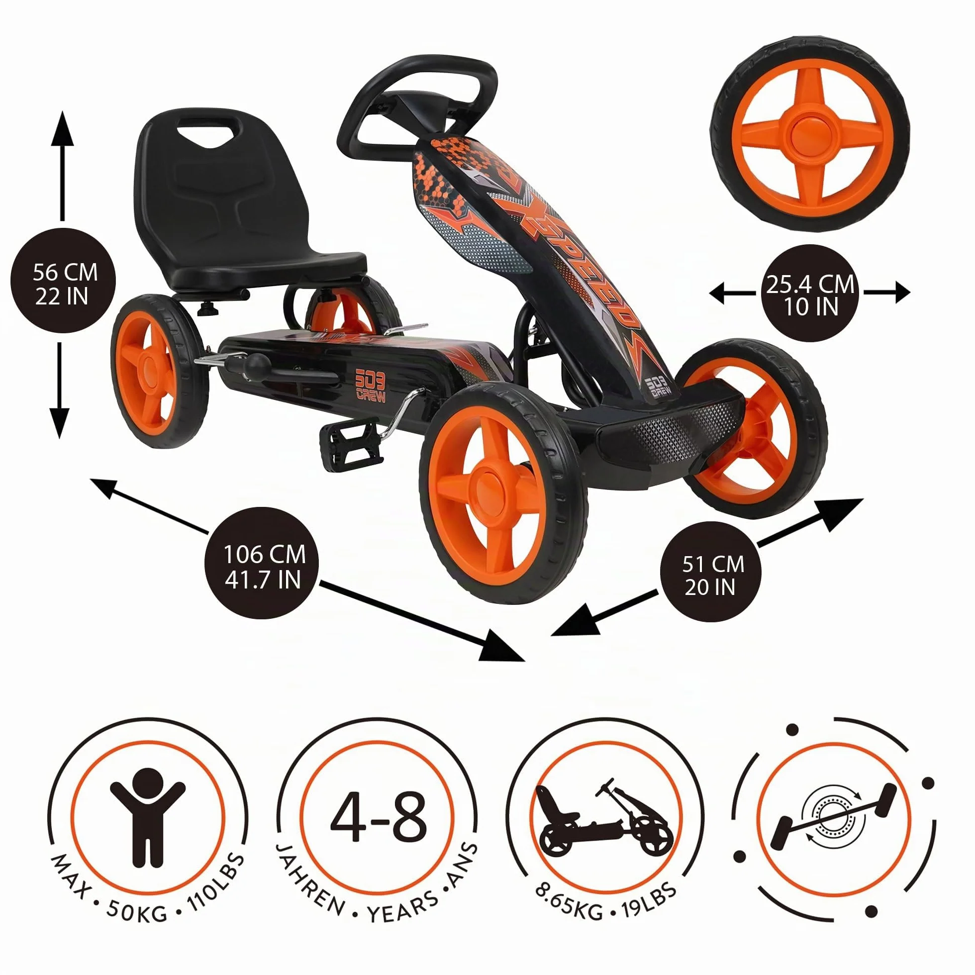 509 Crew XSpeed pedal karts - naranja, scooter, gráficos deportivos delanteros, asiento ajustable, ruedas de 4 radios con diámetro de 25 cm, con freno de mano, a partir de 4 años