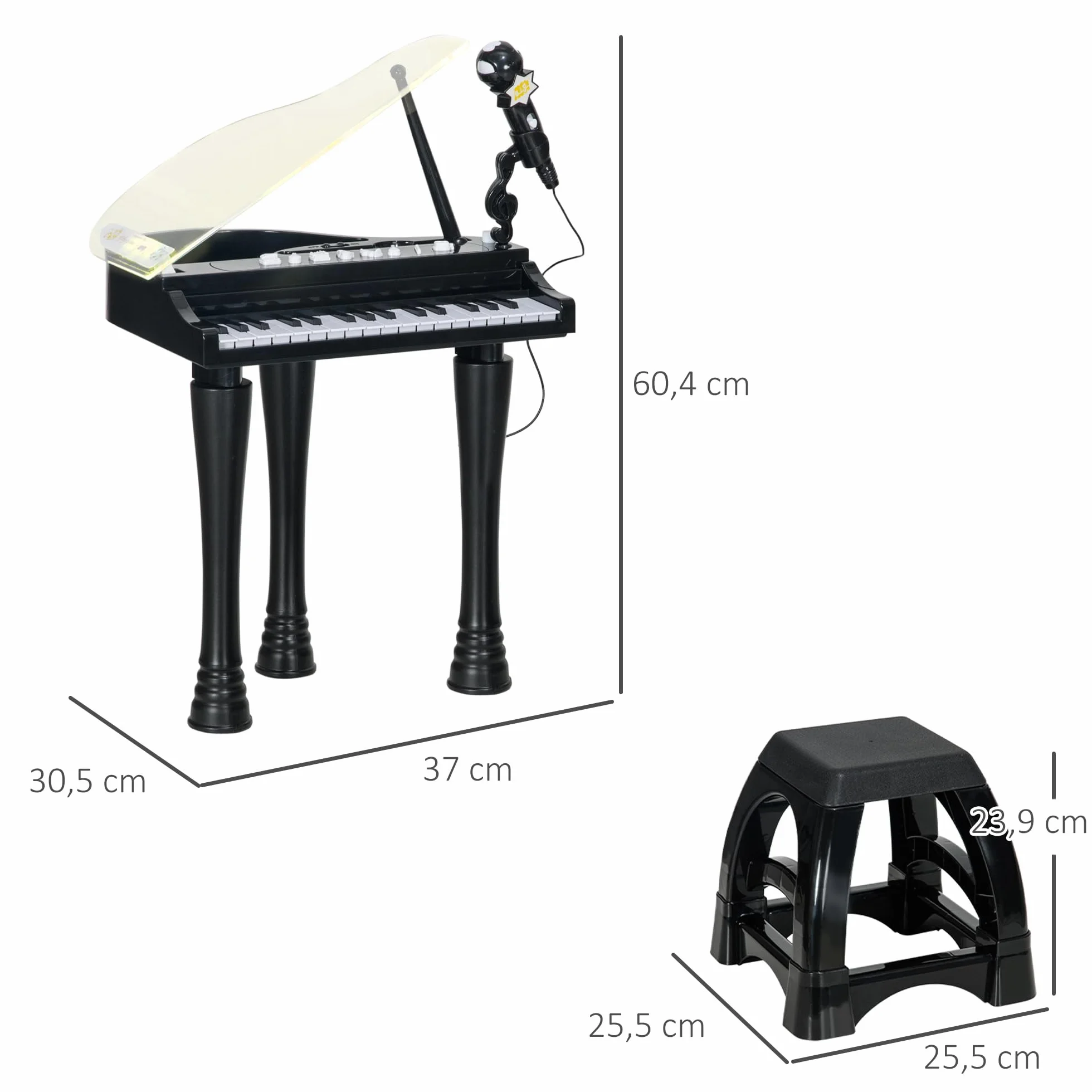 AIYAPLAY Piano Electrónico Infantil de 32 Teclas Juego de Piano con Micrófono Taburete Luces 22 Canciones 4 Sonidos Patas Desmontables y Volumen Ajustable 37x30,5x60,4 cm Negro