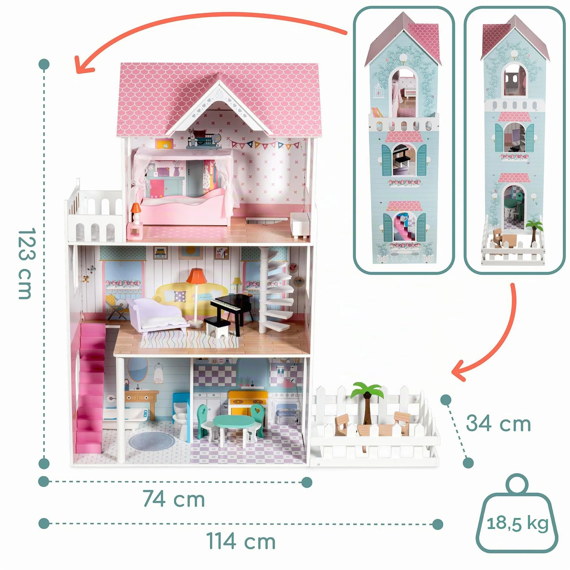 Mamabrum Casa de Muñecas de Madera XXL con LED – Casita de Muñecas de 3 Pisos con Muebles, Jardín y Accesorios – Casa de Barbie de Madera Educativa para Niñas +3 Años