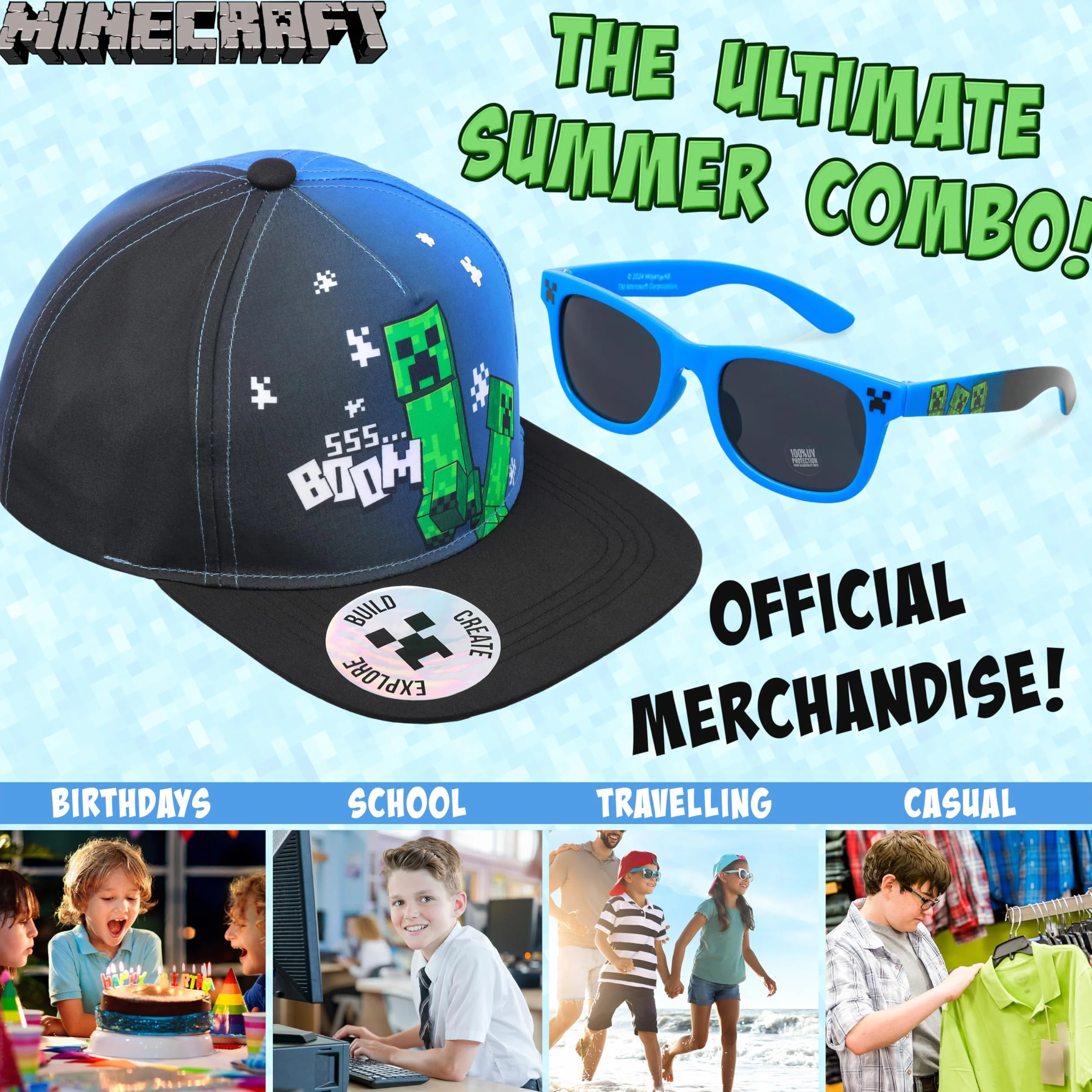 Minecraft Gorra Niño Gafas Sol Proteccion UV 100% Creeper Gorra Béisbol Verano Regalo