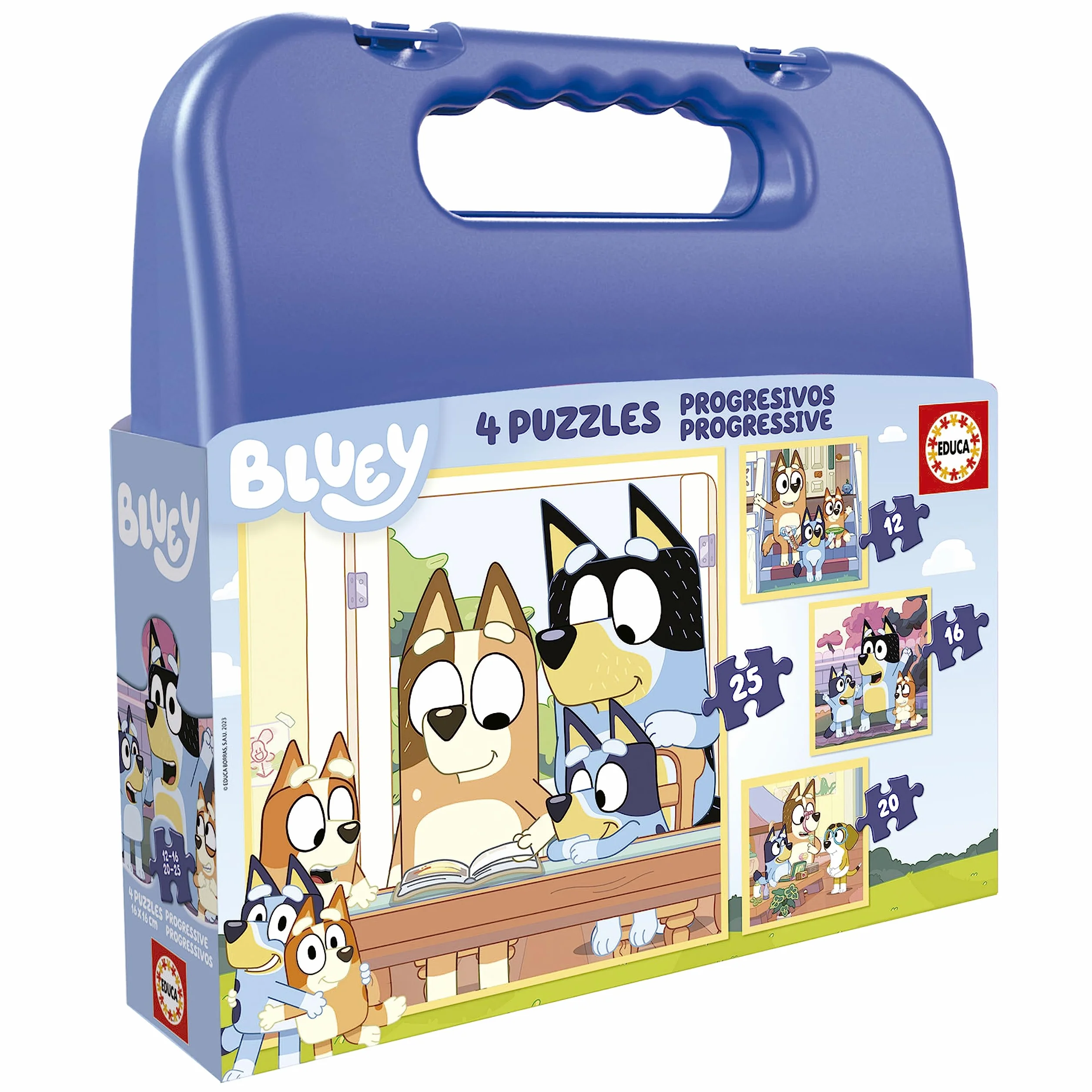 Educa - Set de Cuatro Puzzles progresivos de 12 a 25 Piezas con los Personajes de Bluey | Presentados en una magnífica Maleta para Poder guardarlos. Recomendados a Partir de 3 años (19830)