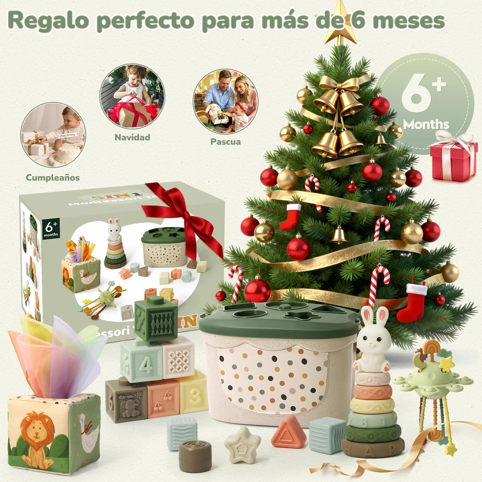 Juguetes Bebes 6 Meses, 5 en 1 Juguetes Montessori Bebes 6-12 Meses con Caja Pañuelos Bebe, Clasificación y Apilamiento de Formas, Bebe Mordedor & Educativos, Regalos Bebés Montessori 7 8 9 Meses