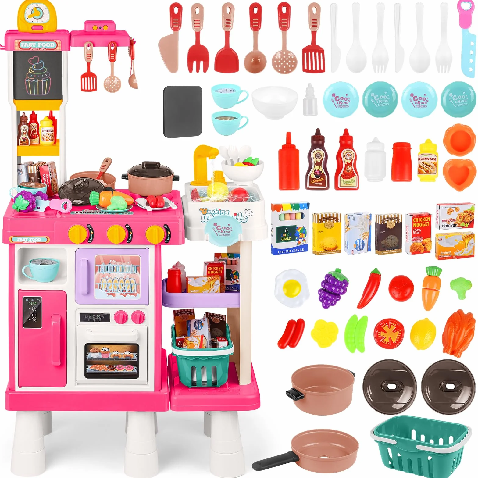 deAO Cocina de Juguete Infantil 54PCS con Utensilios, Estufa, Fregadero, Sonido y Luz, Tres Alturas Ajustables Rosa