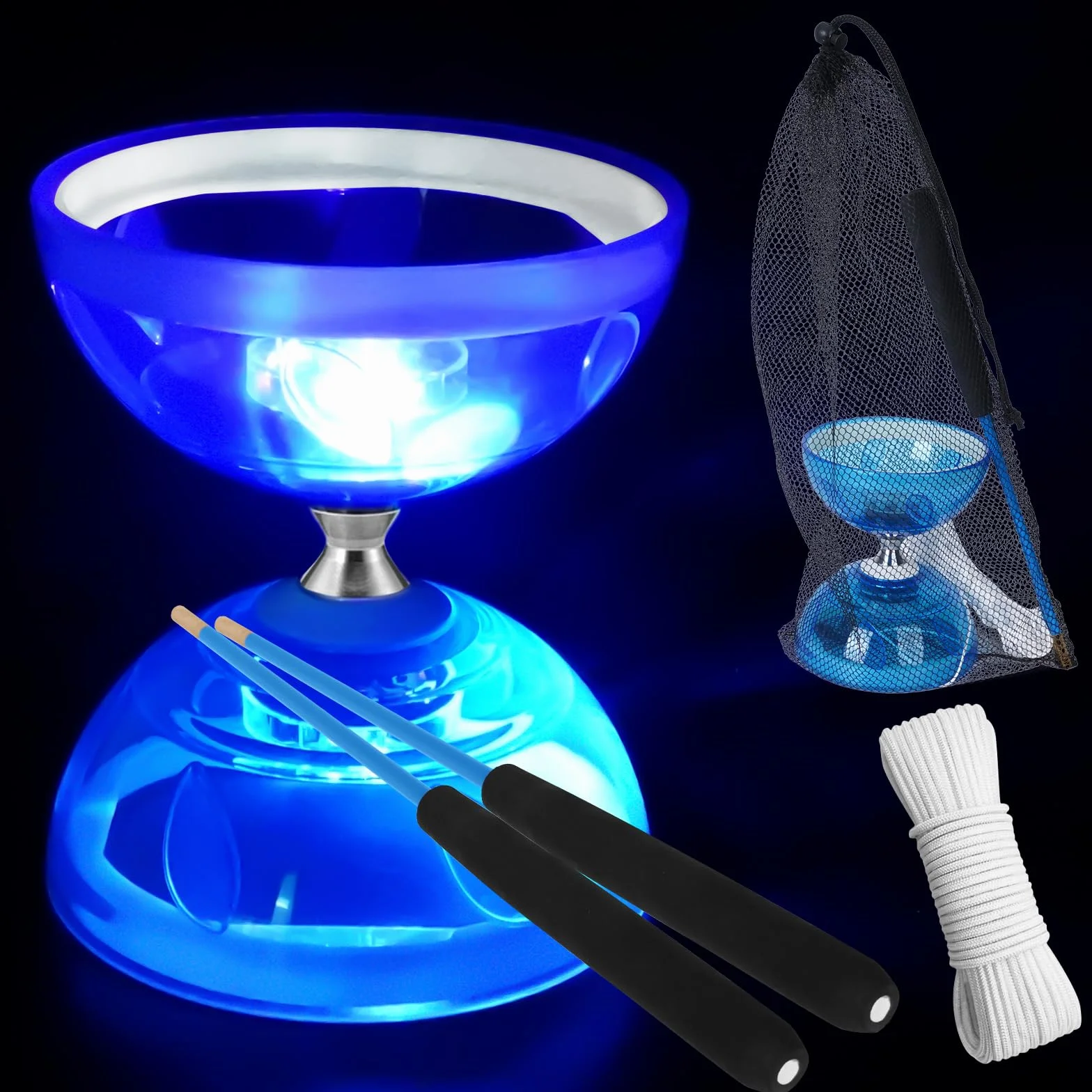 Juego de Malabares LED Diabolo, 4,5 mm Diábolo LED con Rodamiento de Bolas Diábolo Juego de Malabares para Principiantes Profesionales con 2 Bastones, 10M Cuerda de Repuesto, Bolsa de Guardado