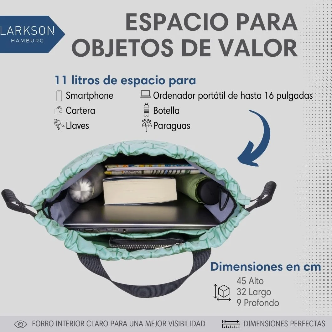 LARKSON Bolso de Deporte para Hombre y Mujer Verde Menta - Mochila pequeña de tela para el Gimnasio - Material reciclado
