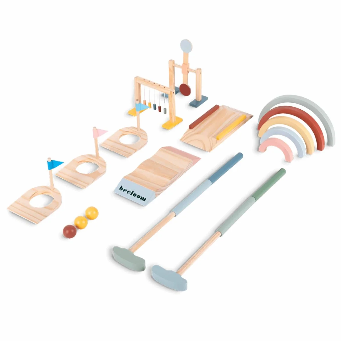 Beeloom – Mini Golf de Madera para Niños, Juego Educativo con Palos, Bolas y Obstáculos, Portátil para Interior y Exterior, Juguete Simbólico Multicolor, +3 Años