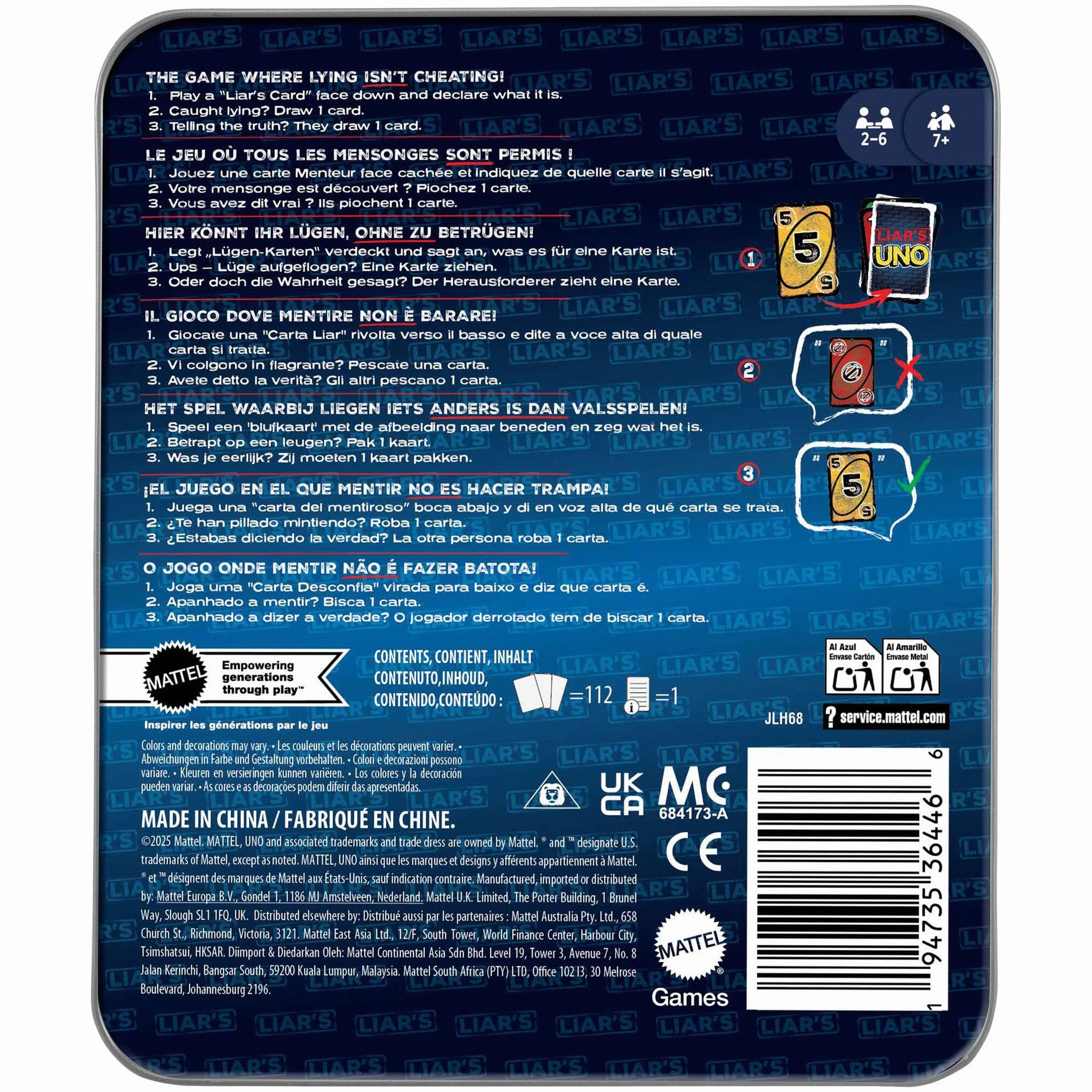 Mattel Games UNO del mentiroso Juego de cartas en lata para almacenamiento y transporte, para niños, adultos, noches en familia y fiestas, supera a los demás jugadores con mentiras y trucos, JLH68