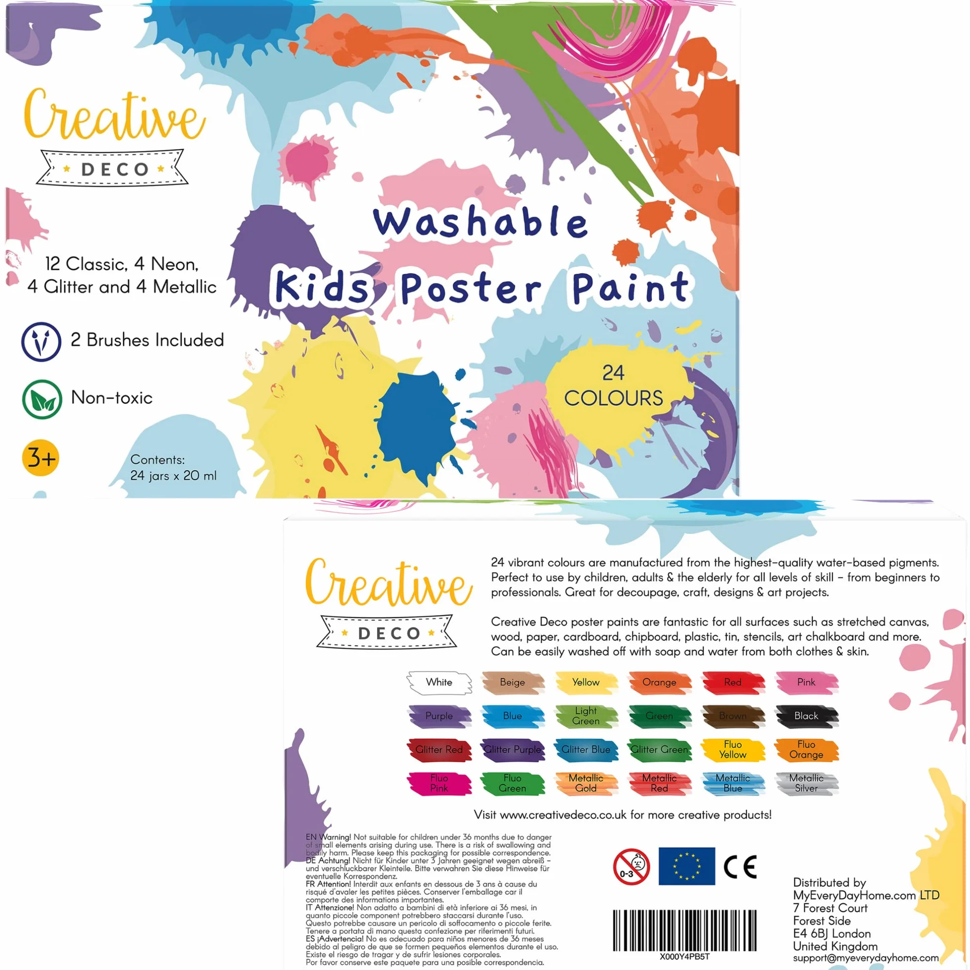 Creative DECO Temperas para Niños Lavable Pintura Dedos Bebes | 24 x 20 ml Botes | No Tóxica | Colores Básicos Fluorescentes Brillantes Metálicos y Neón | para Principiantes y Artistas Navidad