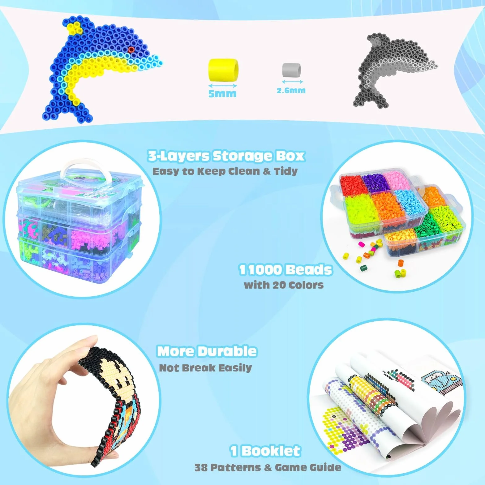 Cuentas Para Planchar, 11000 Piezas Abalorios Fusibles de 20 Colores Set con Caja de Almacenamiento, Guía del Usuario, Diseño DIY de Joyas, Creativas y Manualidade, Para Niños Cumpleaños Navidad (5mm)