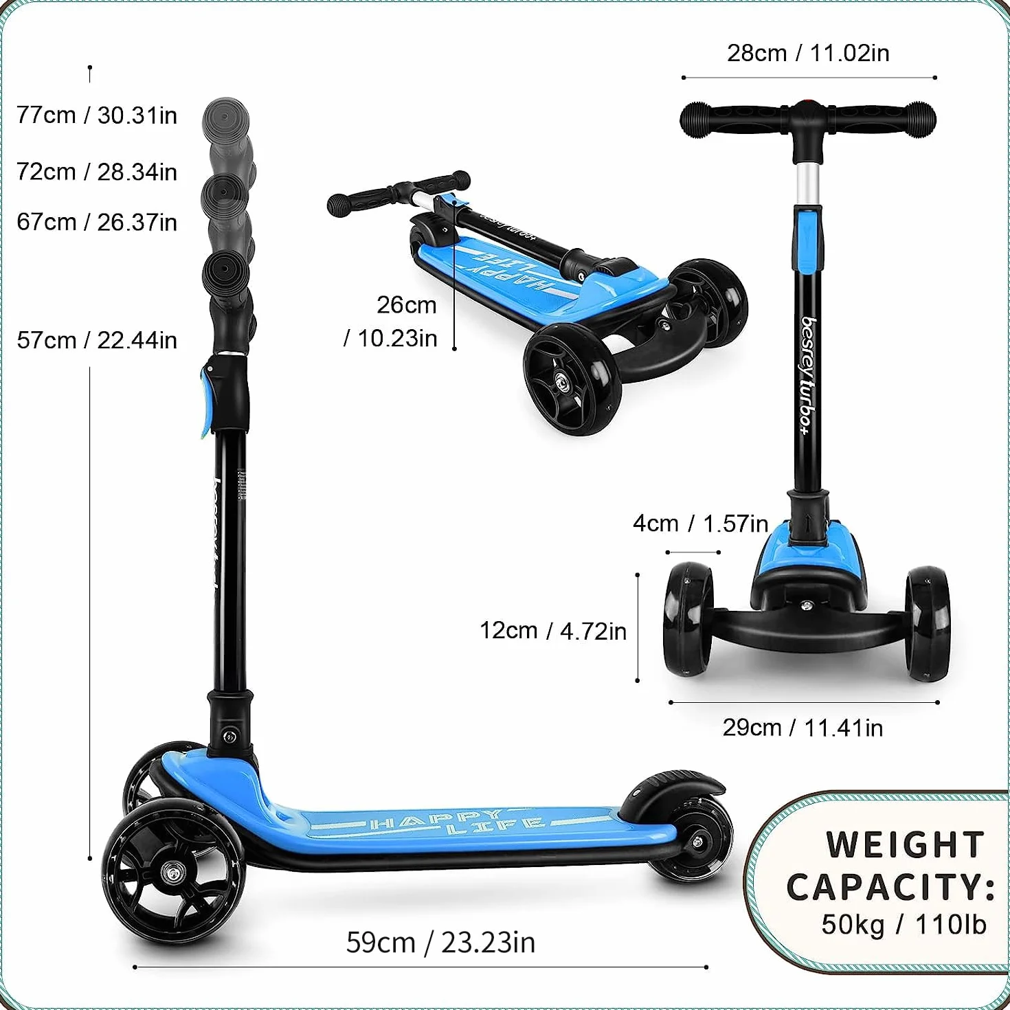 besrey Patinete para niños – Big Wheels Plegable con Luces LED Intermitentes para niños y niñas, 4 Niveles de Altura Ajustable, Tabla Ancha para niños de 2 a 8 años