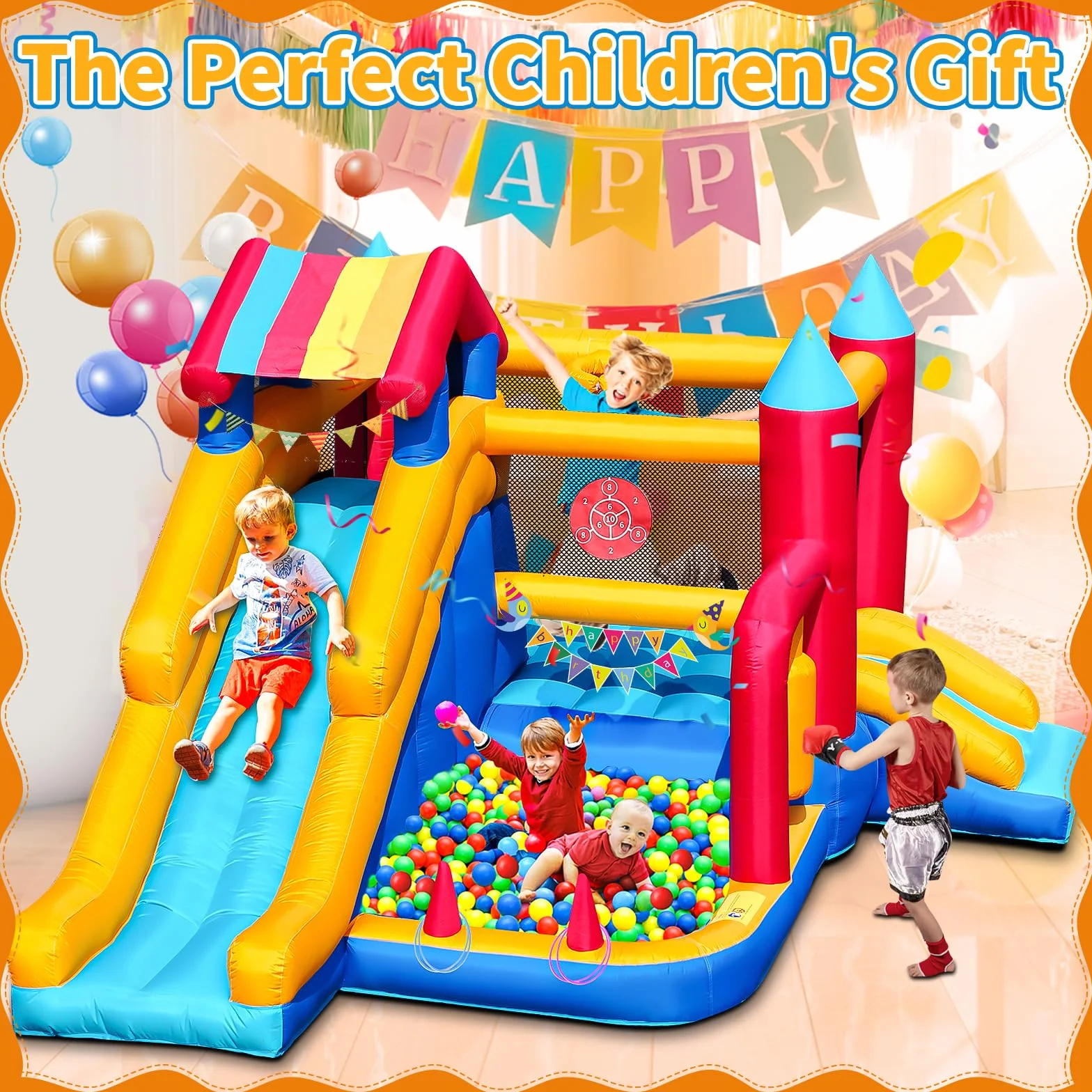 Castillo Hinchable para Niños, FOOING 9 en 1 Casa Inflables con Soplador de Aire, Trampolín, Tobogán, Estante Baloncesto, Pared Escalada, Casa Inflable Interior al Aire Libre para Fiesta Cumpleaños