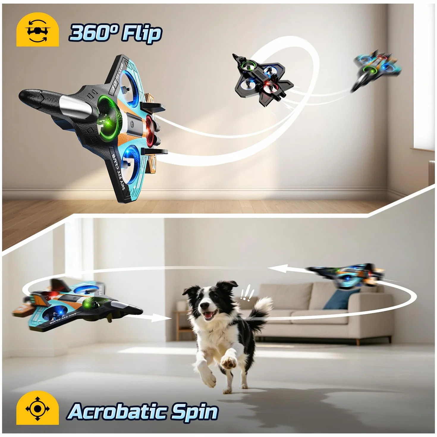 DEERC Avión de espuma RC para niños, avión teledirigido con altitud, volteos 3D y luces LED, 2 baterías, avión teledirigido para principiantes para niños y niñas (azul y naranja)