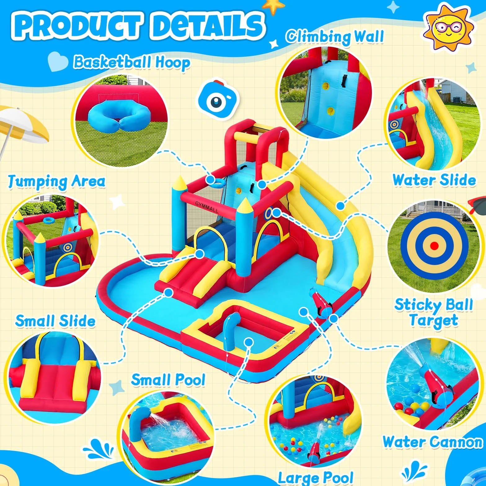 Castillo Hinchable para Niños, 8 en 1 con Soplador 480W, Tobogán Largo, Pared de Escalada, Trampolín y Zona de Chapoteo, Ideal para Uso Interior y Exterior en Vacaciones