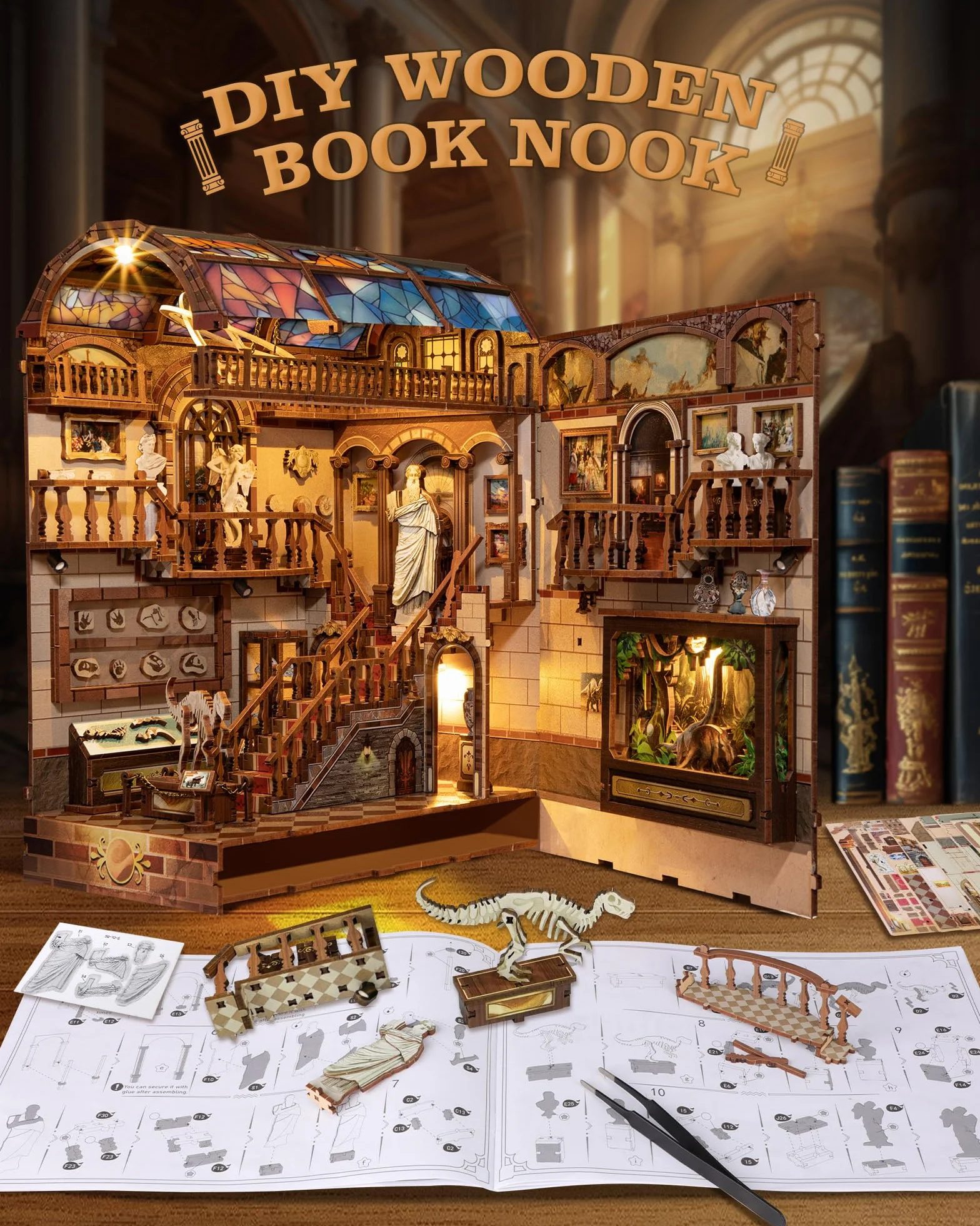 Quanquer DIY Book Nook con protección contra el Polvo y luz LED 3D de Madera Booknook, Rompecabezas de Madera 3D Booknok Navidad Halloween cumpleaños Ideas para 14 años (museos)