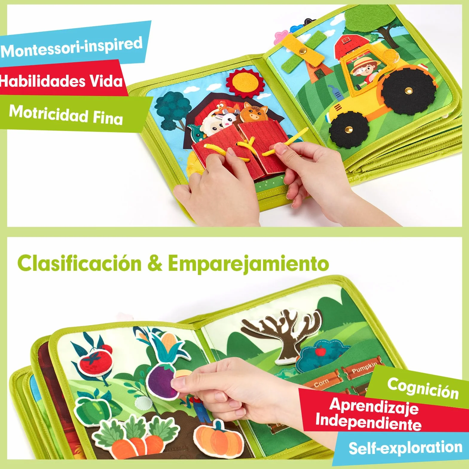 hahaland Libro Montessori 1 año - 20 en 1 Busy Board de Actividad, Libro Interactivo Juguetes Montessori para Niños 1 2 3 años - 10 Páginas Animales Granja