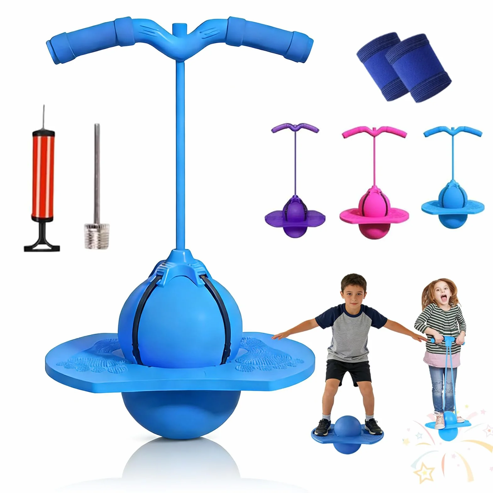 Pogo Jumper Ball for Kids & Adults, Balance Jumping Ball with Handle and Pump, Bounce Jump Trick Board, Strong Grip Deck Sticks for Boys & Girls, Exercise Balance Coordination Ability (Blue)