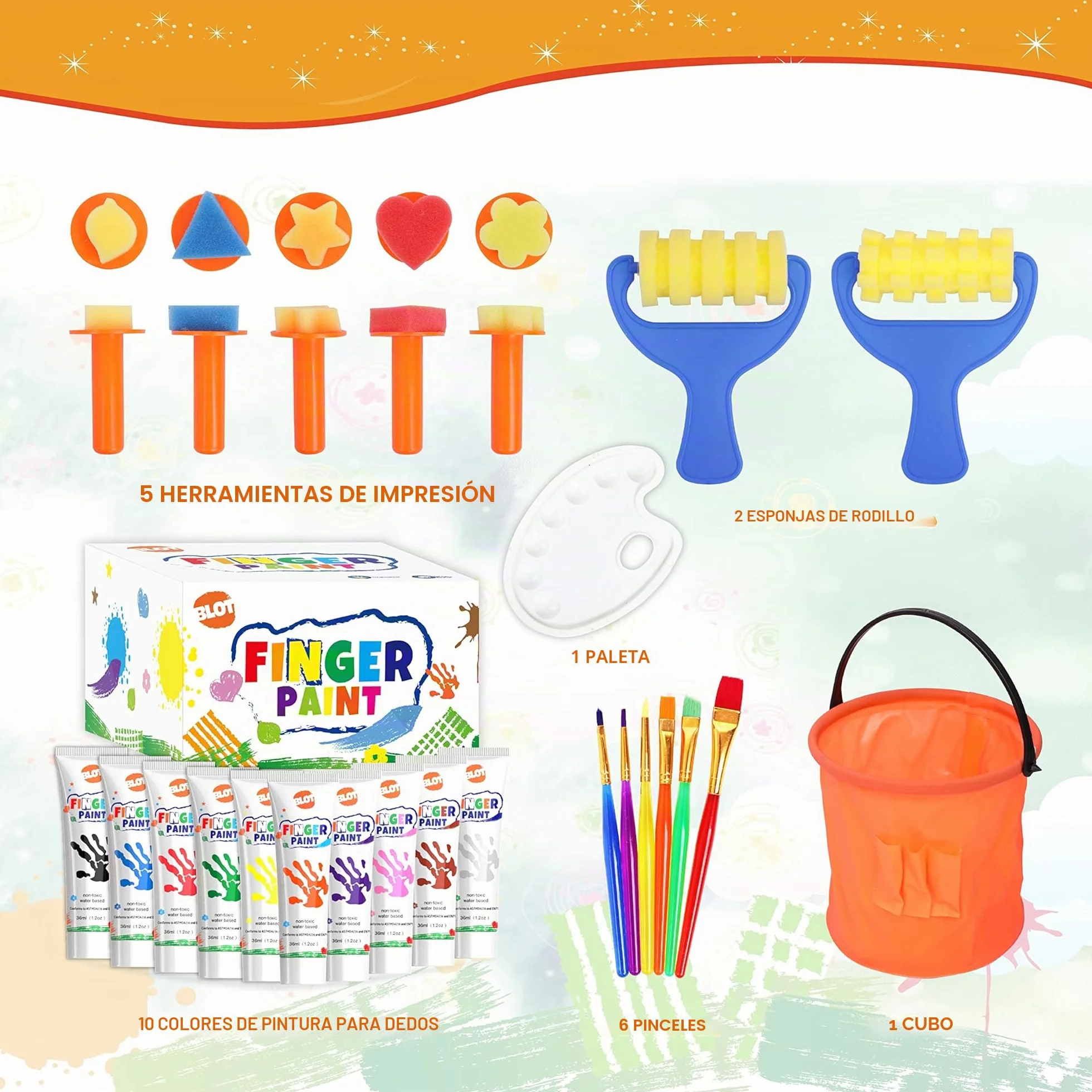 BLOT Pintura de Dedos para Niños Lavable Juego de Pintura para Dedos No Tóxicas con Pincel Esponja Paleta para Niños Infantes Escuela Jardín Aprendizaje Temprano