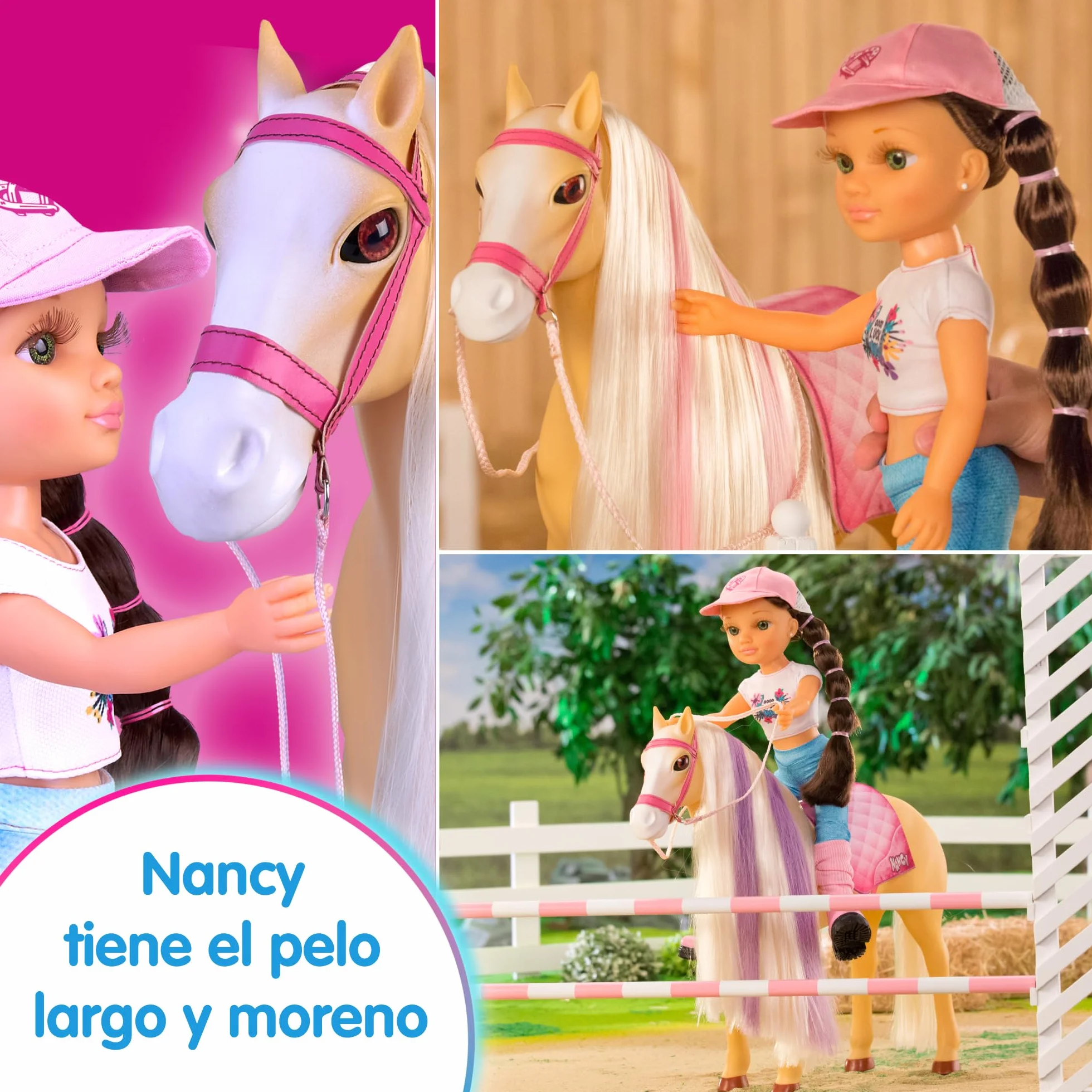 Nancy - Un día con su Caballo, muñeca Fashion articulada y Caballo, Accesorios de Cuidado, Cepillo-Esponja Que Cambia el Color del Pelo de la Crin, niños y niñas a Partir de 3 años, Famosa (NAC49000)