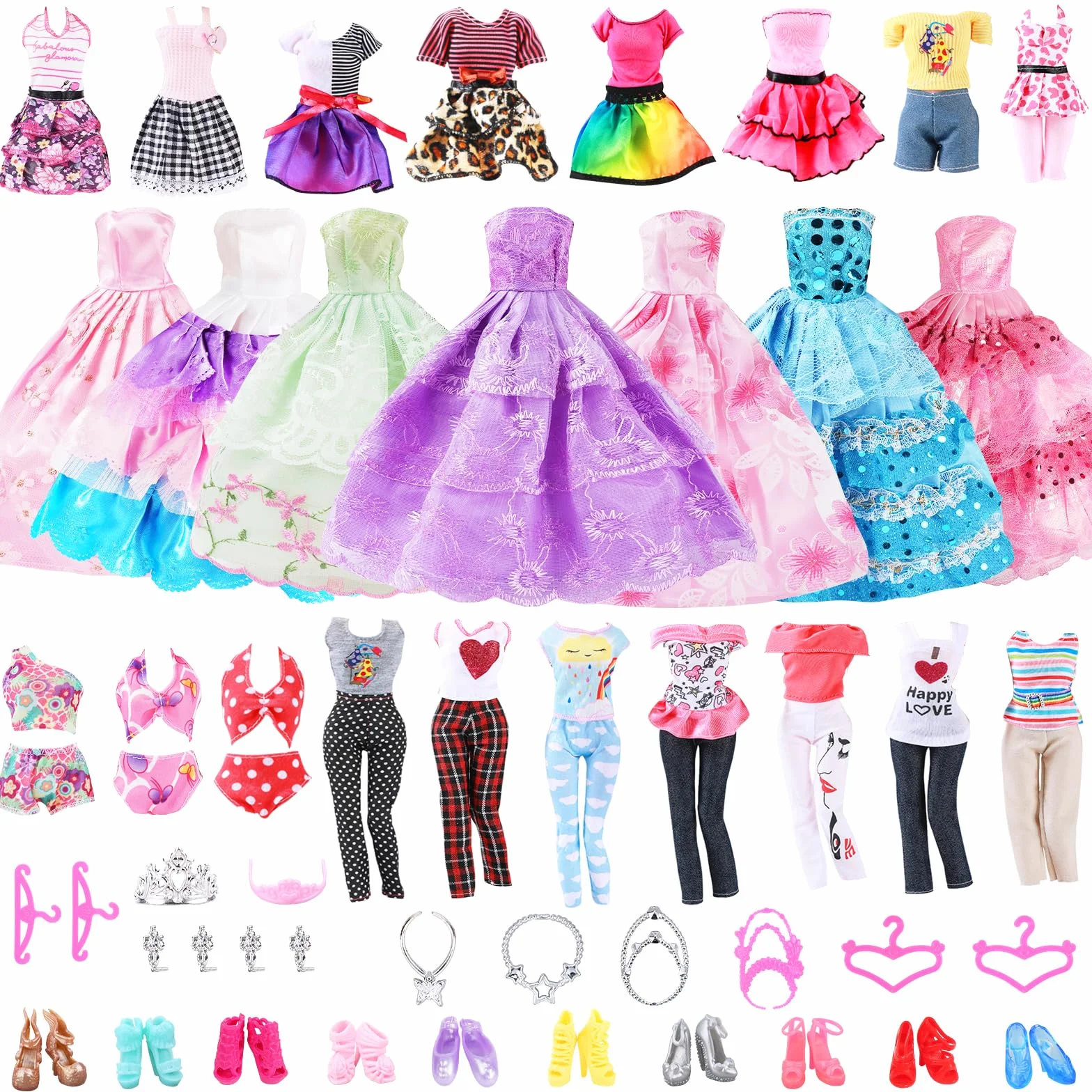 Vicloon 32 Piezas Ropa y Accesorios para Muñecas, 10 Zapatos, 2 Vestidos de Fiesta, 2 Tops, 2 Pantalones, 2 Vestidos de Moda, 2 Juegos de Trajes de Baño, Bikini, 8 Accesorios de Joyería, 4 Perchas