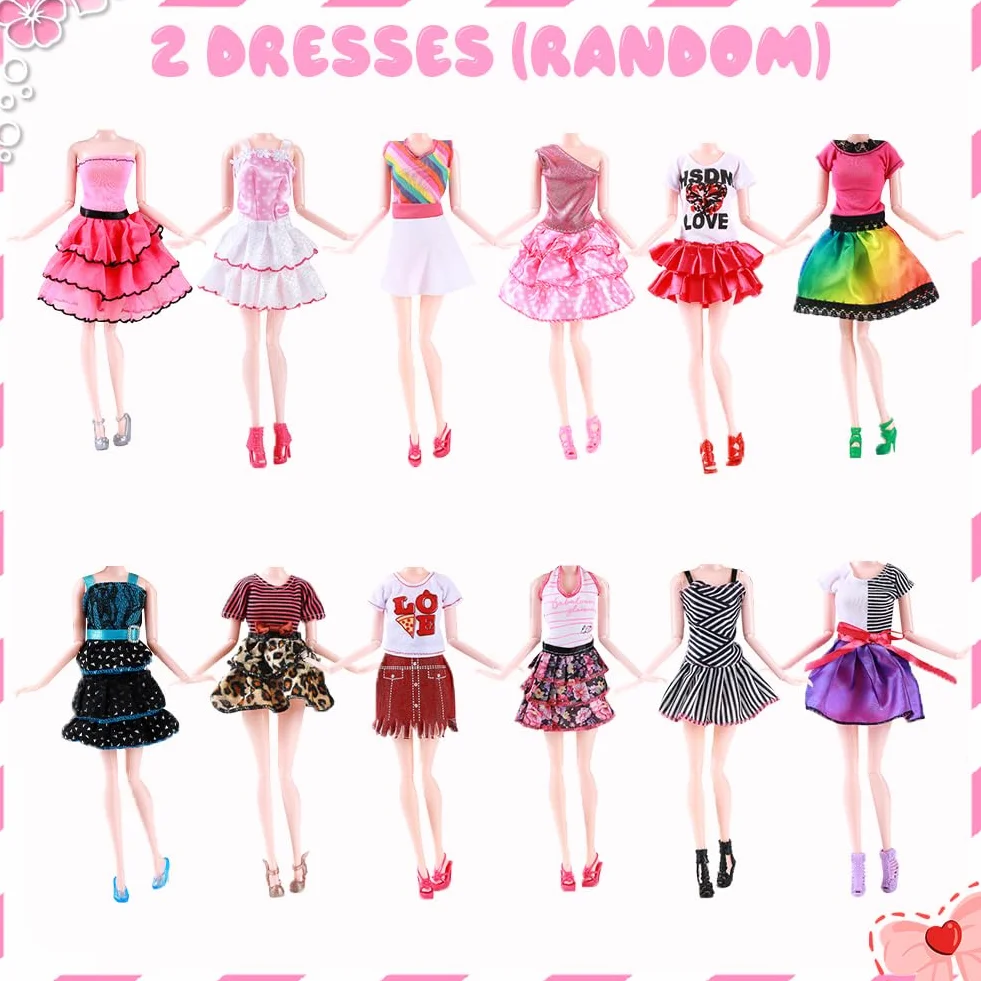Vicloon 32 Piezas Ropa y Accesorios para Muñecas, 10 Zapatos, 2 Vestidos de Fiesta, 2 Tops, 2 Pantalones, 2 Vestidos de Moda, 2 Juegos de Trajes de Baño, Bikini, 8 Accesorios de Joyería, 4 Perchas