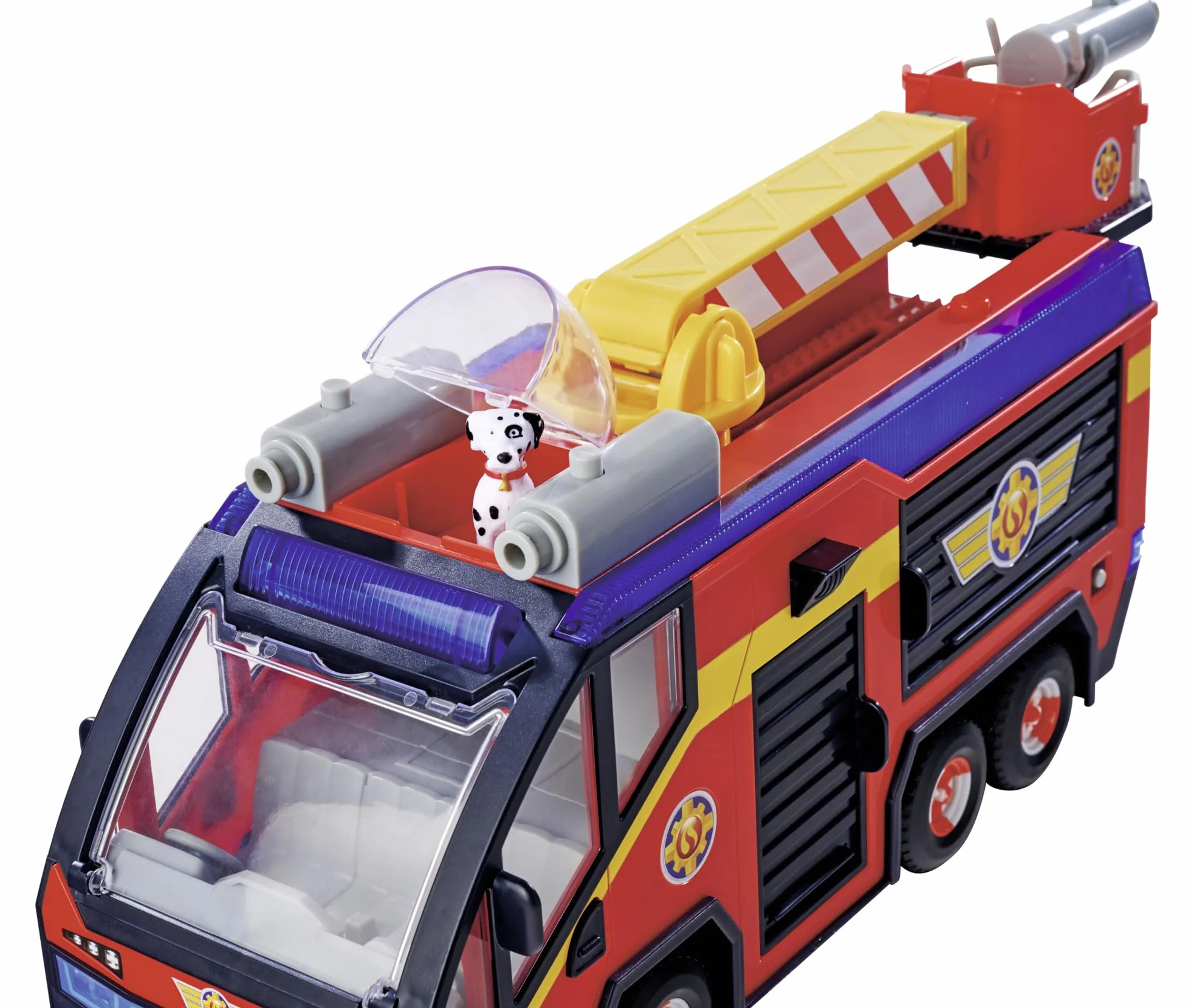 Simba 109252595 Figura de Júpiter Bombero, camión de Bomberos, Sam y Radar, Efectos de luz, Sirena, Escalera giratoria, Flechas de Agua, Plataforma para Quad, 32 cm, Accesorios, a Partir de 3 años
