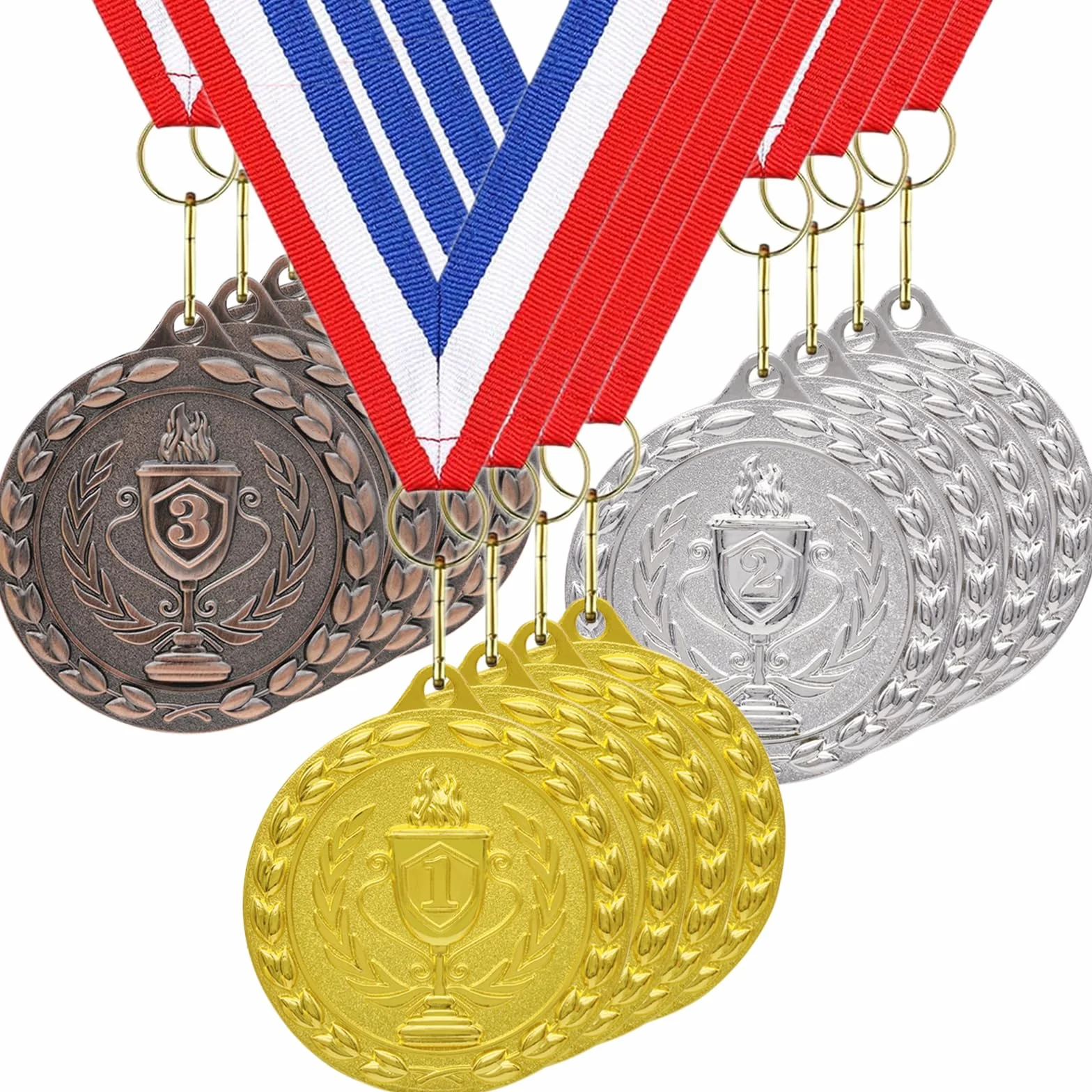 Juego de 12 Medallas de Metal Bronce Plateado Dorado para Niños y Adultos con Collar de Cinta para Premios Deportivos