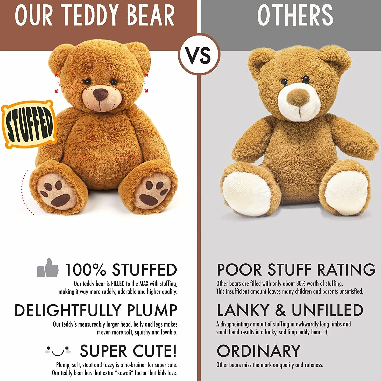 LotFancy Osito de Peluche 50 cm, Oso Suave, Juguete con Huellas Marrón para Niños