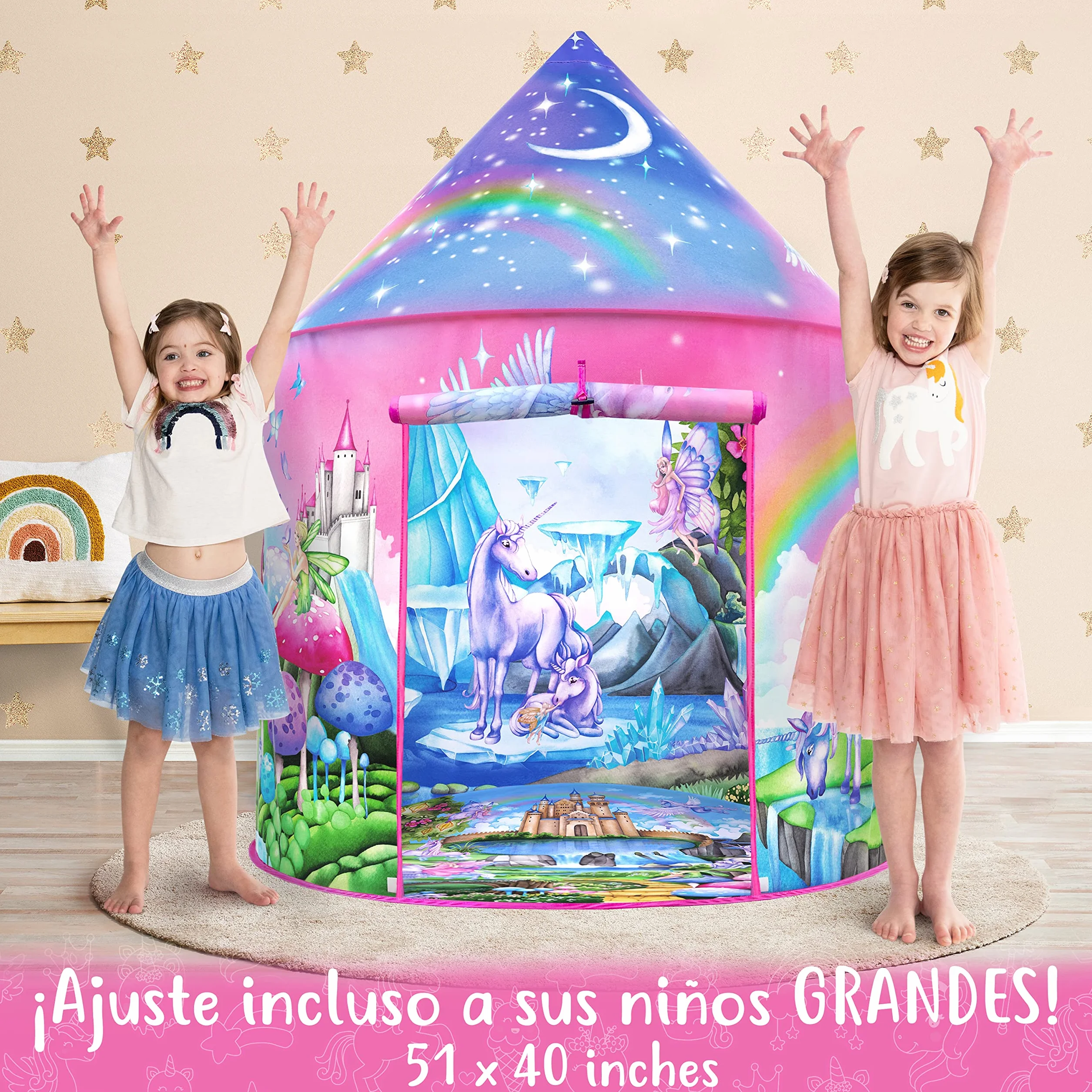 W&O Tienda de campaña de Unicornio arcoíris para niñas con sonidos mágicos y juguetes de unicornio, tienda de princesa para niñas