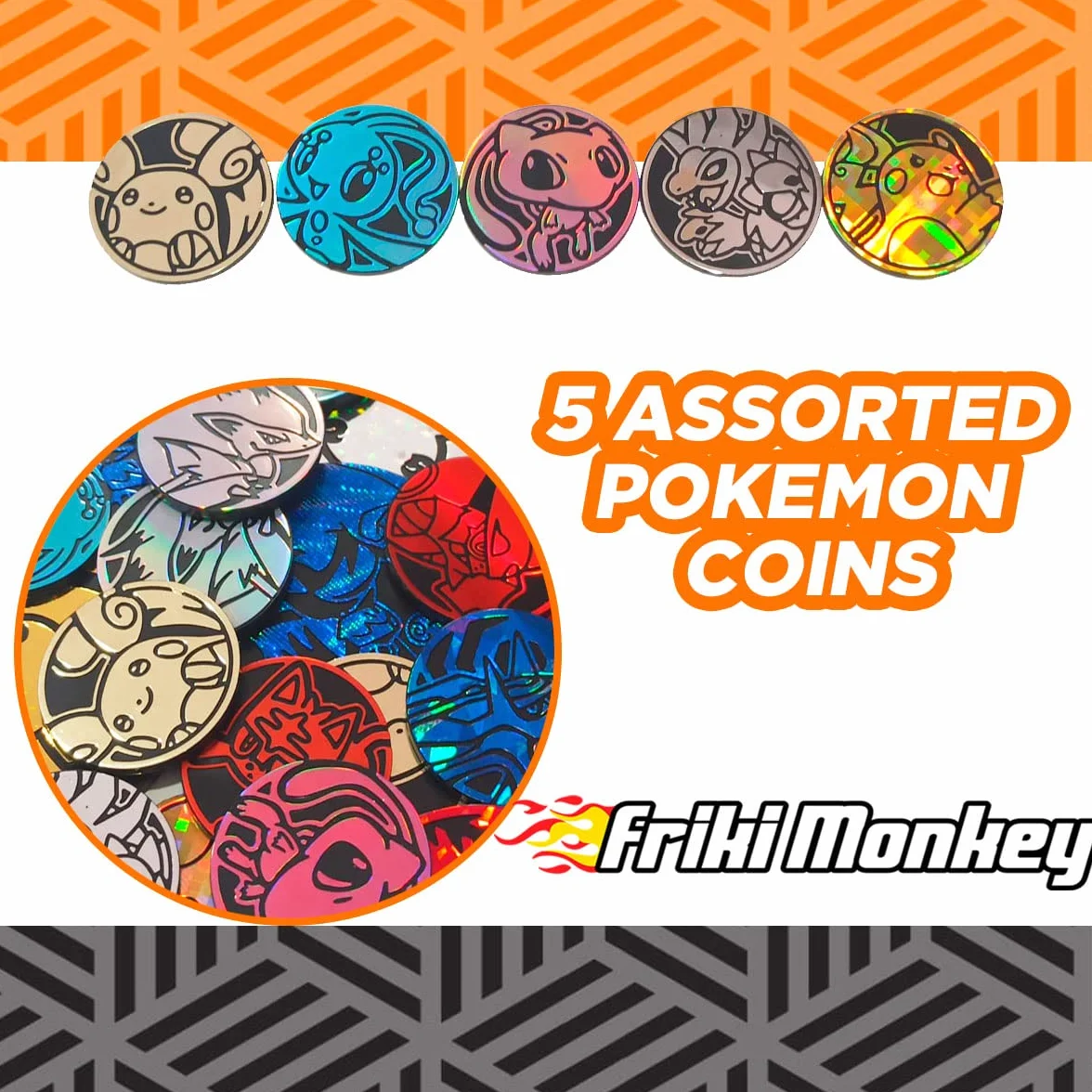 Monedas Pokemon Auténtico Pack de 5, Diferentes Tamaños, Plata, Accesorio Oficial para Juego de Cartas Pokemon Ideal para Calendario Adviento