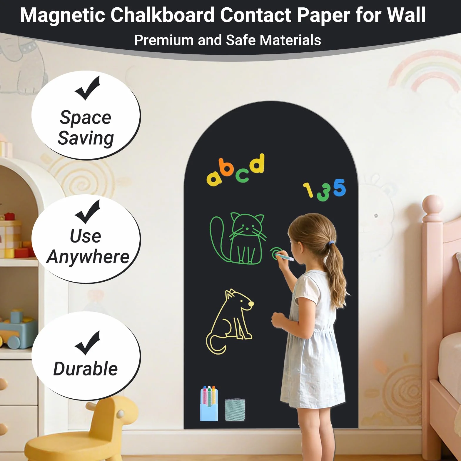 Pizarra Magnética Adhesiva de Pared Diseño Arco 80 x 40 cm – Pizarra Negra Borrable en Seco con Superficie Magnética, Incluye Tizas, Imanes y Paño – Hogar, Escuela y Oficina (Negro)
