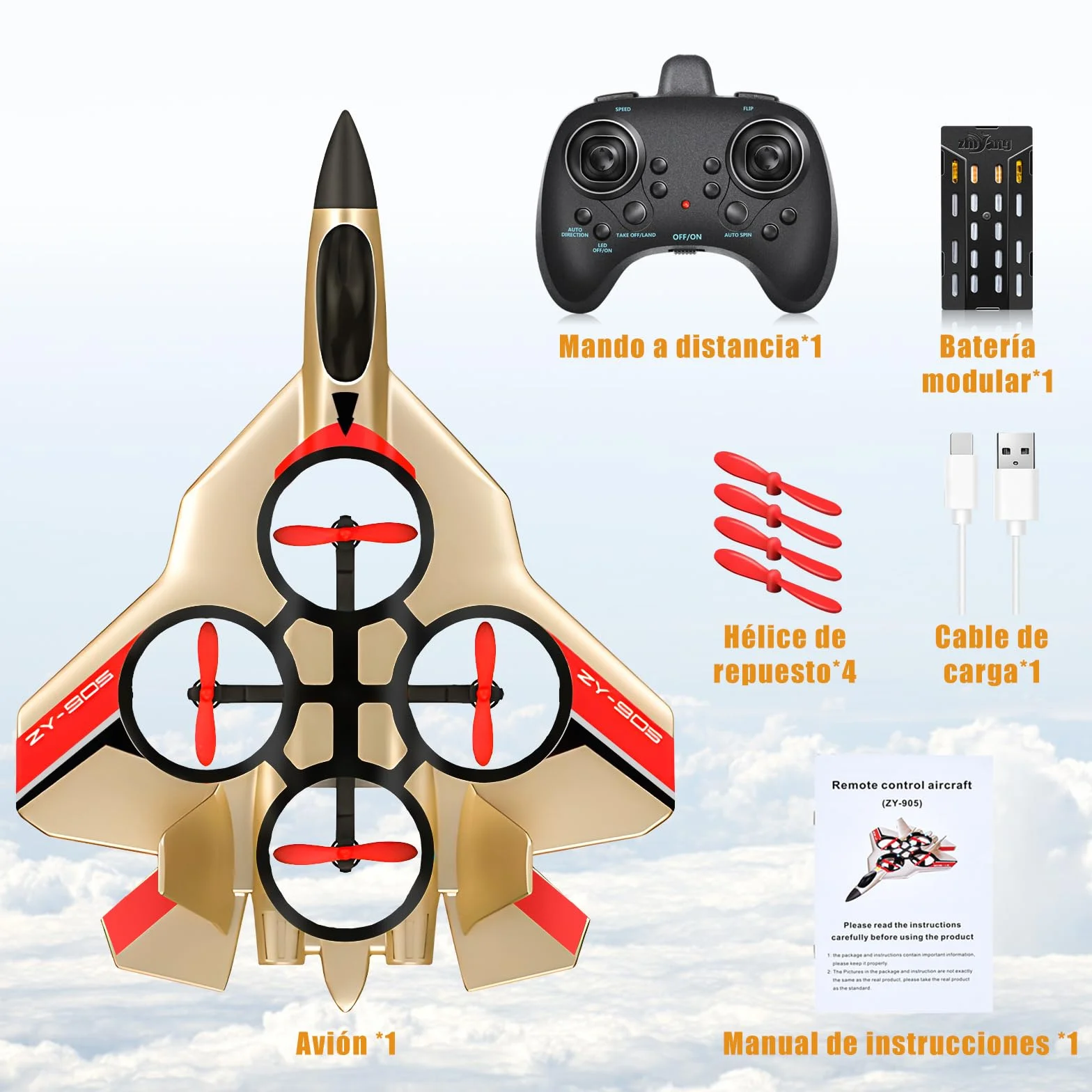 JONRRYIN Avión Teledirigido, 2.4 GHz Aviones de Radiocontrol con Baterías y Estabilizador de Giroscopio de 4 Ejes, Avión RC Juguete con Luz LED para Principiantes Niños Adultos (Gold)